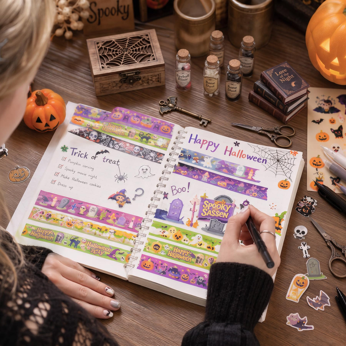 Bomichi 18 Rolls Halloween Thin Decorative Scrapbook Washi Tape Set