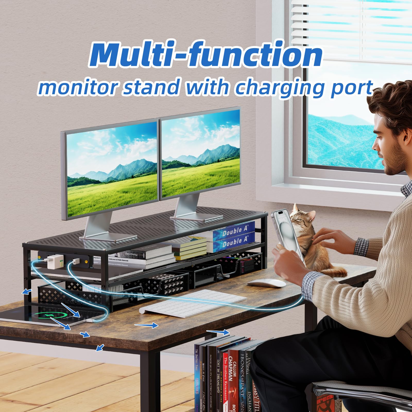 Simple Trending 2-Tier Metal Dual Monitor Stand with USB & 2 Drawers, Black