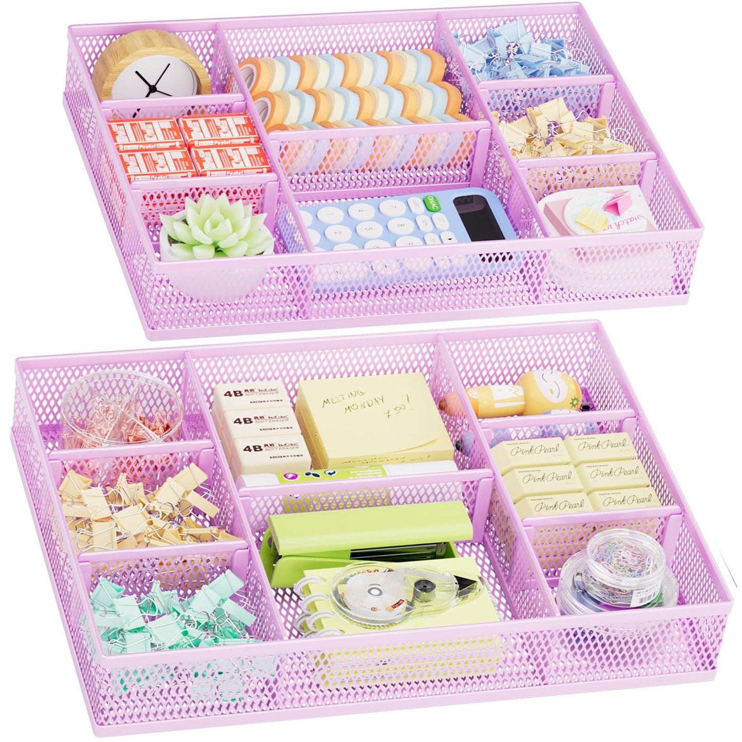 Marbrasse 2 Pack Desk Drawer Organizer, Mesh Drawer Organizer Tray with 8 Adjustable Compartments