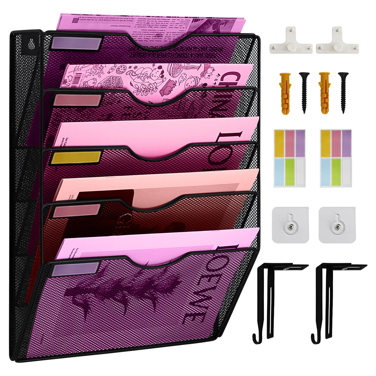 ideallife 5 Pockets Mesh Wall File Holder Organizer Office Hanging File Folder Magazine Rack