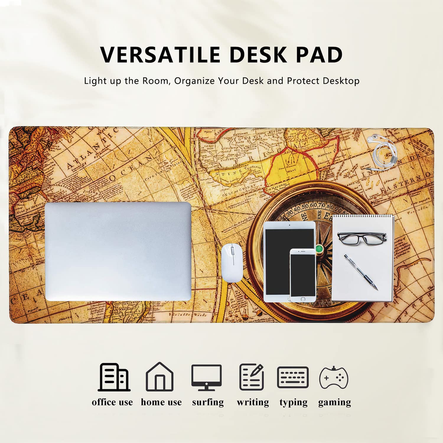 Vintage Compass Lies on Ancient World Map Extended Gaming Mouse Pad Large Desk Mat with Non-Slip