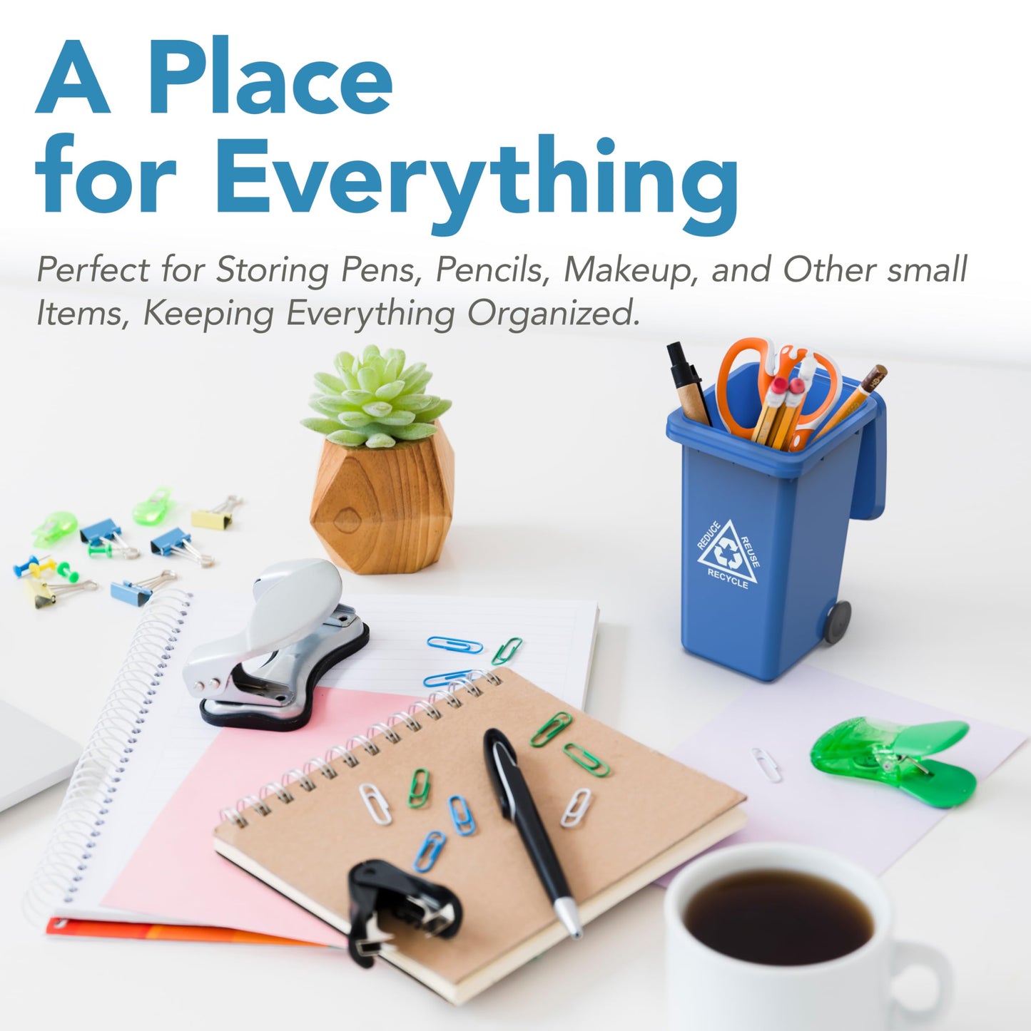 Wiosi Mini Garbage Trash Pen Holder for Desk | Tiny Recycle Bin Pencil Holder Green & Blue, Pack of