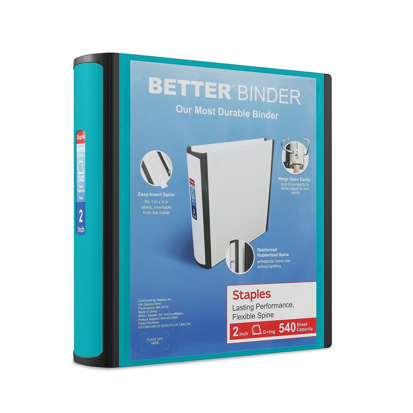 Staples Better 2-Inch D-Ring 3-Ring Binder, Teal, 540 Sheets