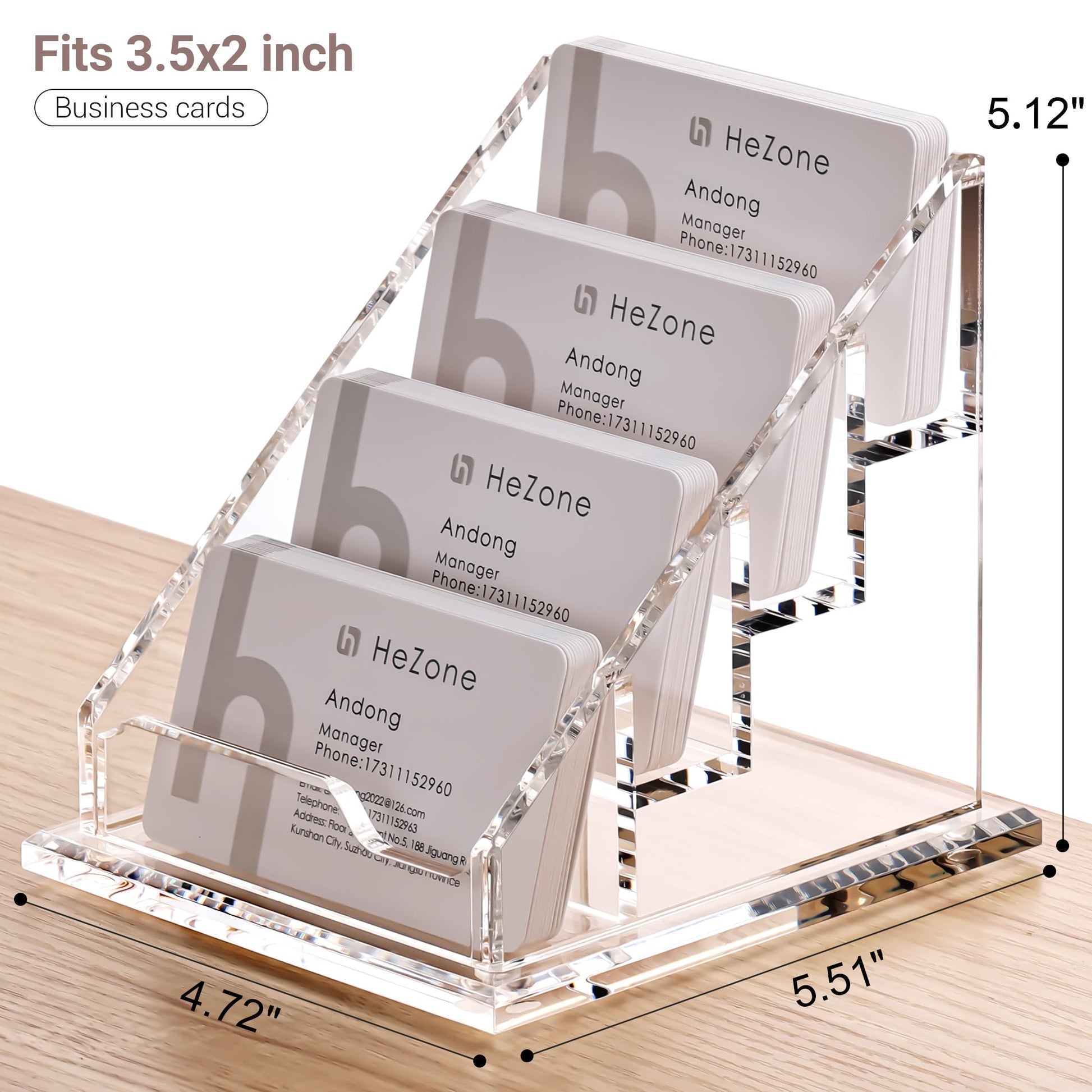 HeZone Acrylic Card Holder Clear Horizontal Business Card Organizer Stand for Desk 4 Slots 4 Tier
