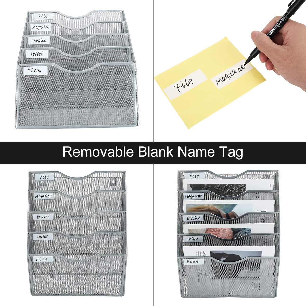 PAG-Mass Hanging Wall File Holder Mail Organizer Wall Mount Document Letter Rack, 5-Tier, Silver