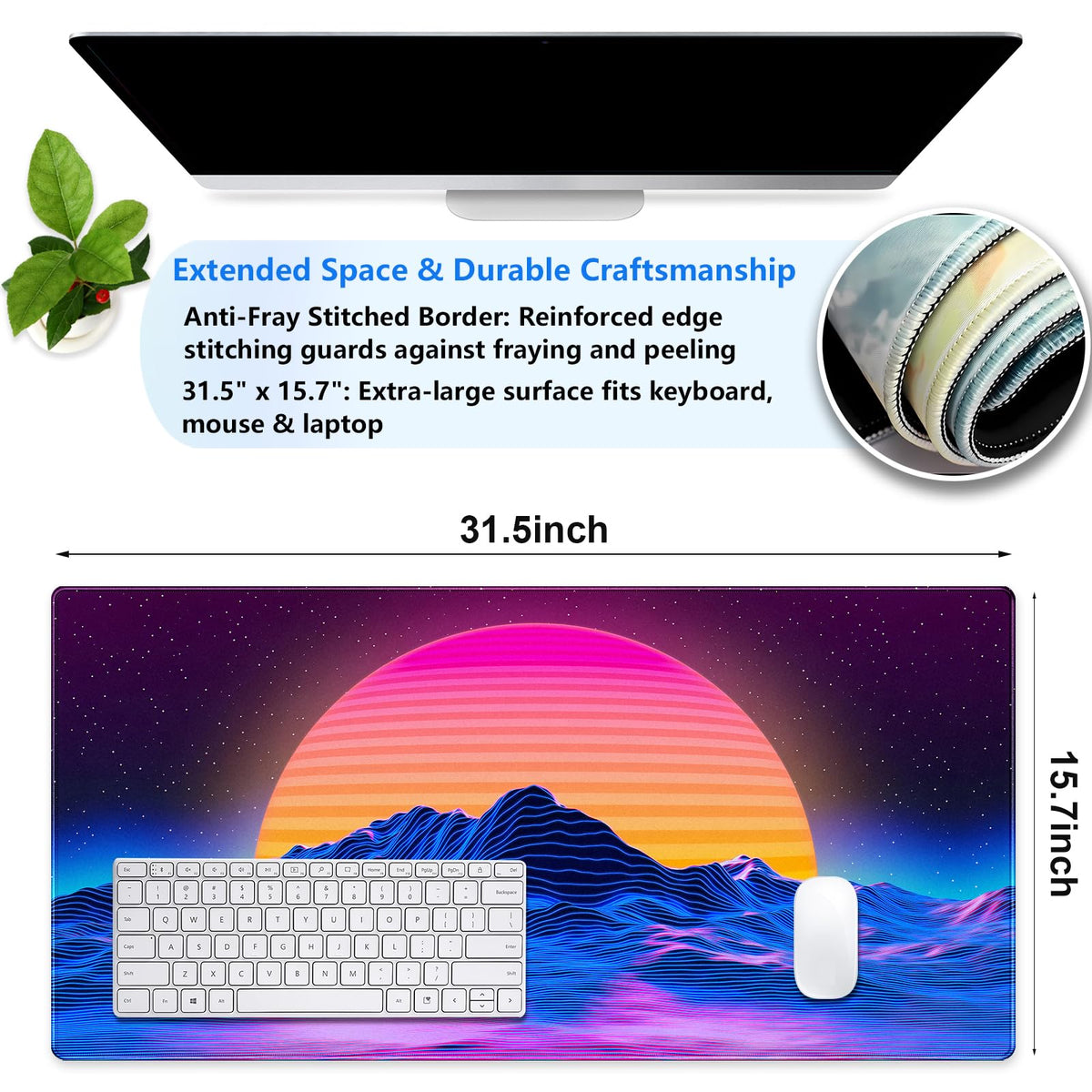Synthwave Gaming Desk Mat, Retro 80s XXL Large Mouse Pad 31.5x15.7 in
