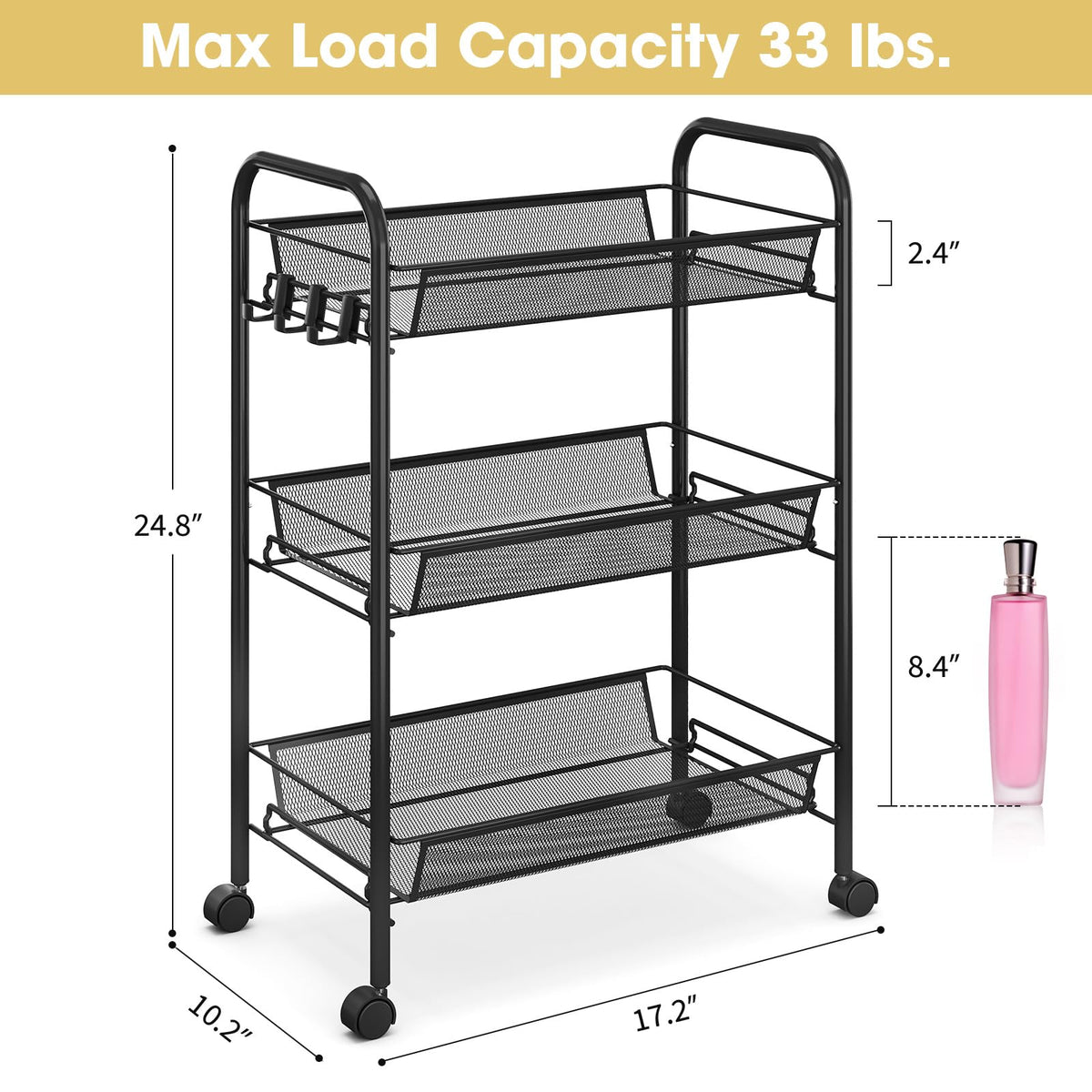 TOOLF 3 Tier Rolling Cart, Metal Utility Storage Cart with Wheels, Black
