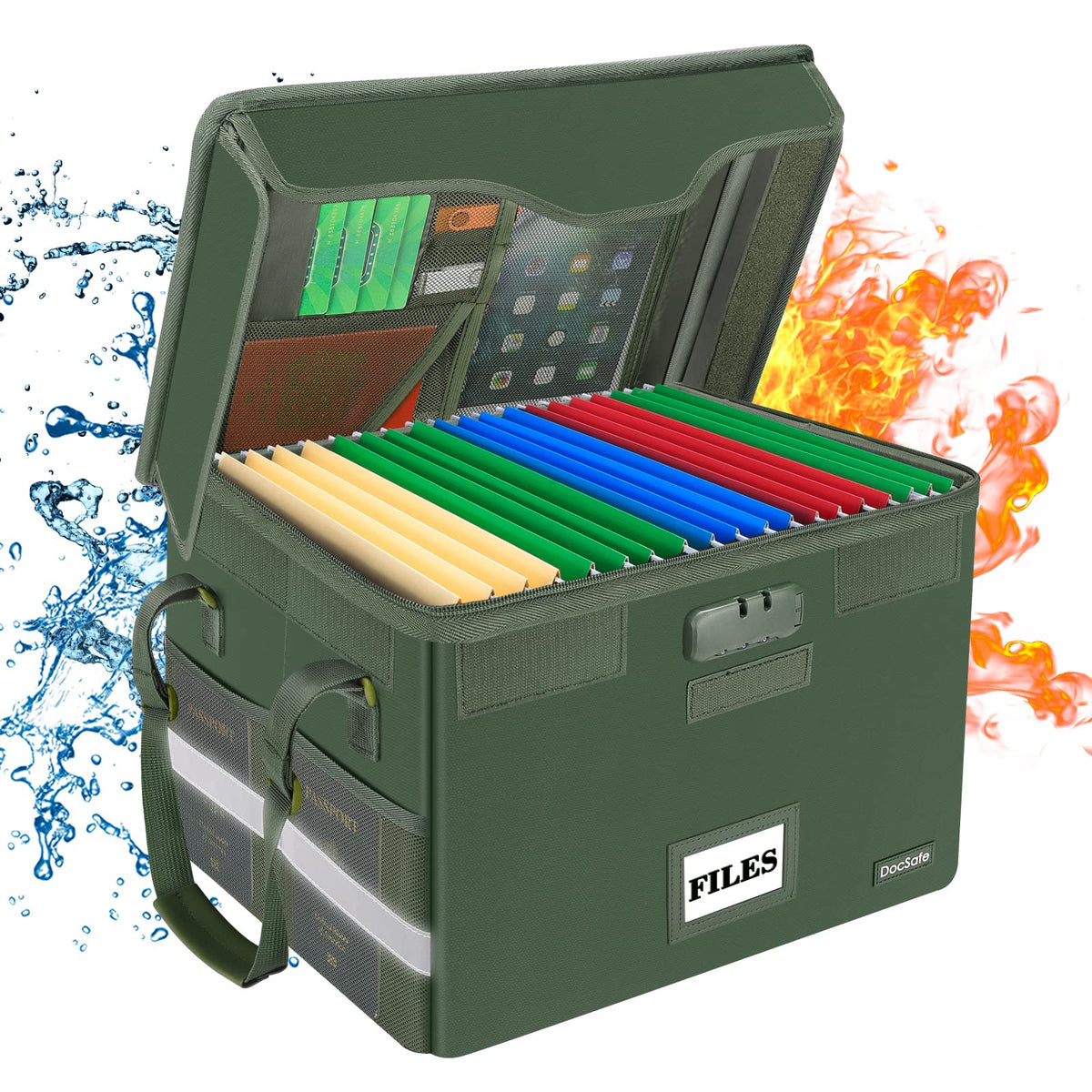 DocSafe Fireproof Document Box with Lock,File Storage Organizer with Mesh Pockets＆Lid,Collapsible