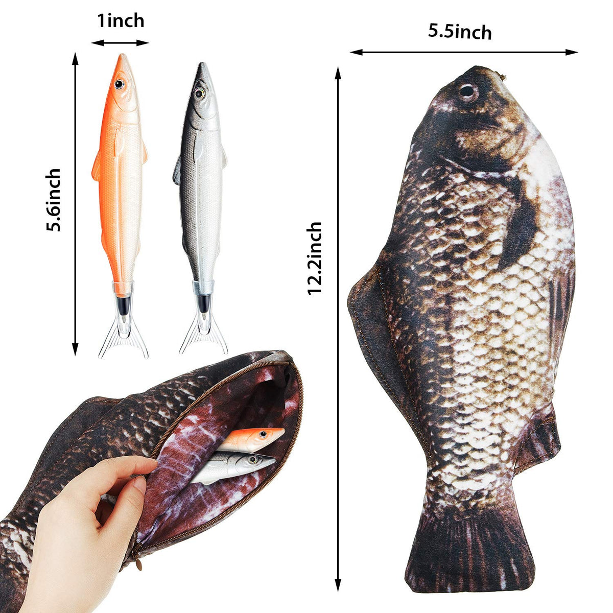 Outus Funny Fish Pencil Case with 4 Fish Pens for Kid, Classic Style, Black