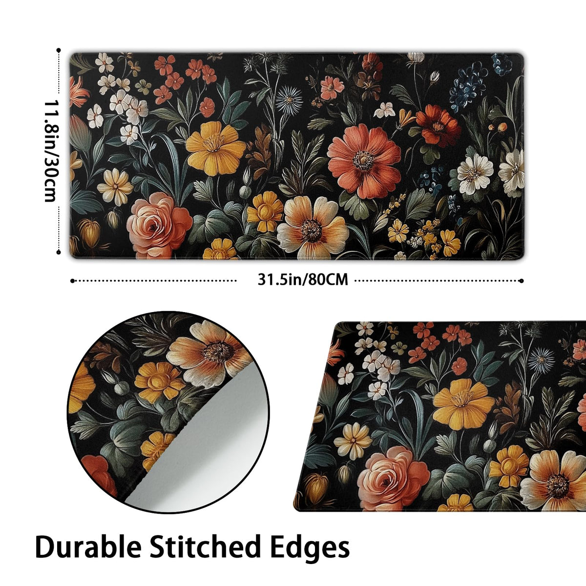 Large Floral Mouse Pad Extended Gaming Mousepad 31.5"x11.8" Vintage Aesthetic Black Desk Mat Flower