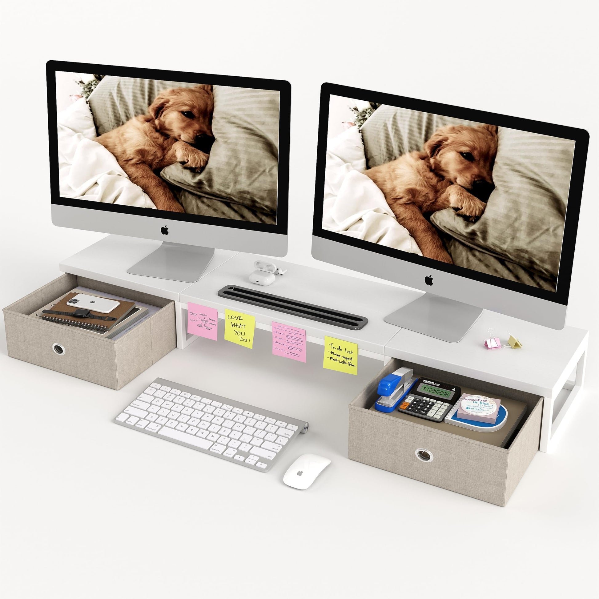 39 Inch Dual Monitor Stand Riser with 2 Drawers - Large White Wooden Computer Stand for 2 Monitors
