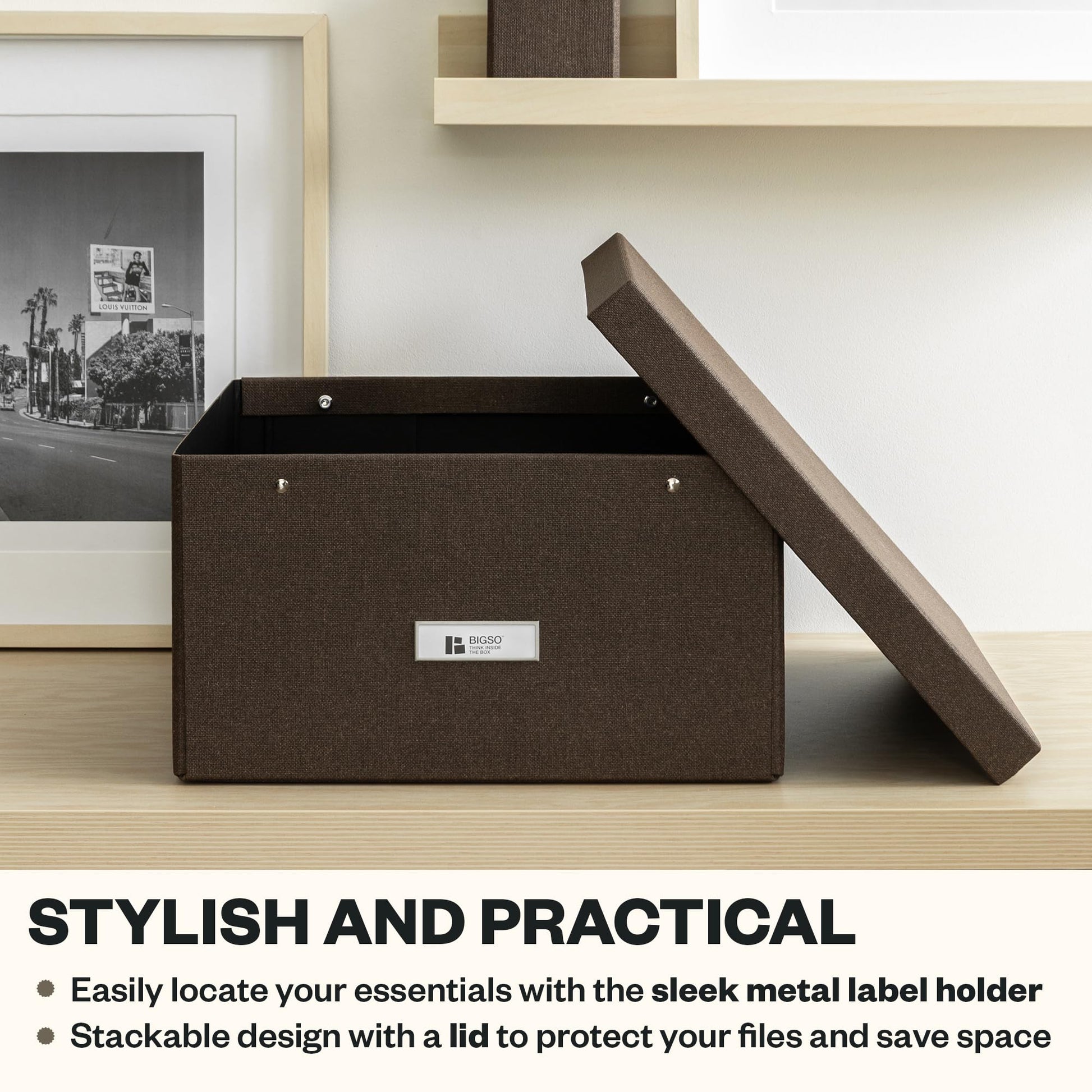 Bigso Katrin Collapsible Storage Box with Lid - Decorative Photo Storage Box with Label Holder for