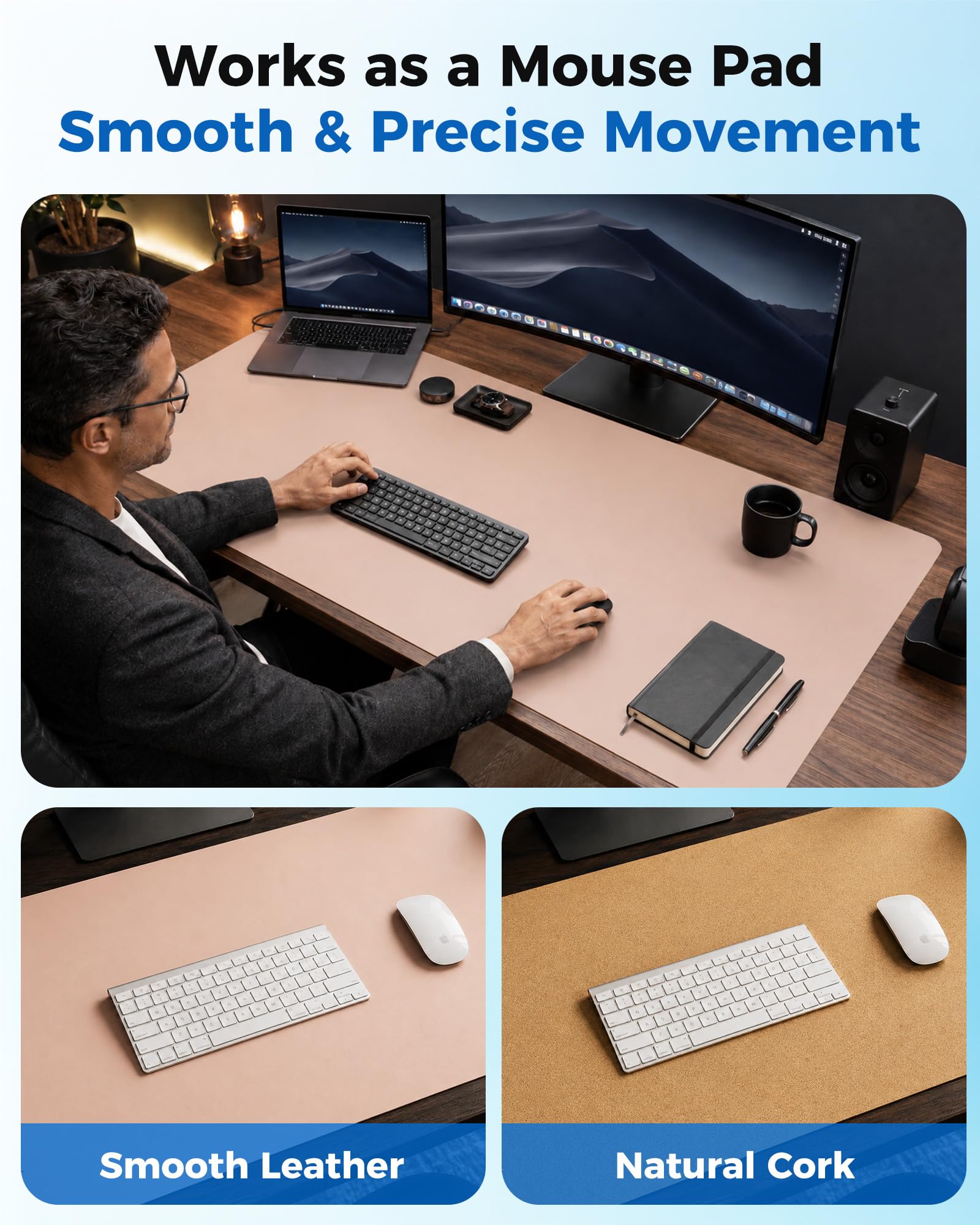 Aothia Cork Desk Mat - Dual-Sided Extra Large Desk Pad & Keyboard Mat, Long PU Leather Desk