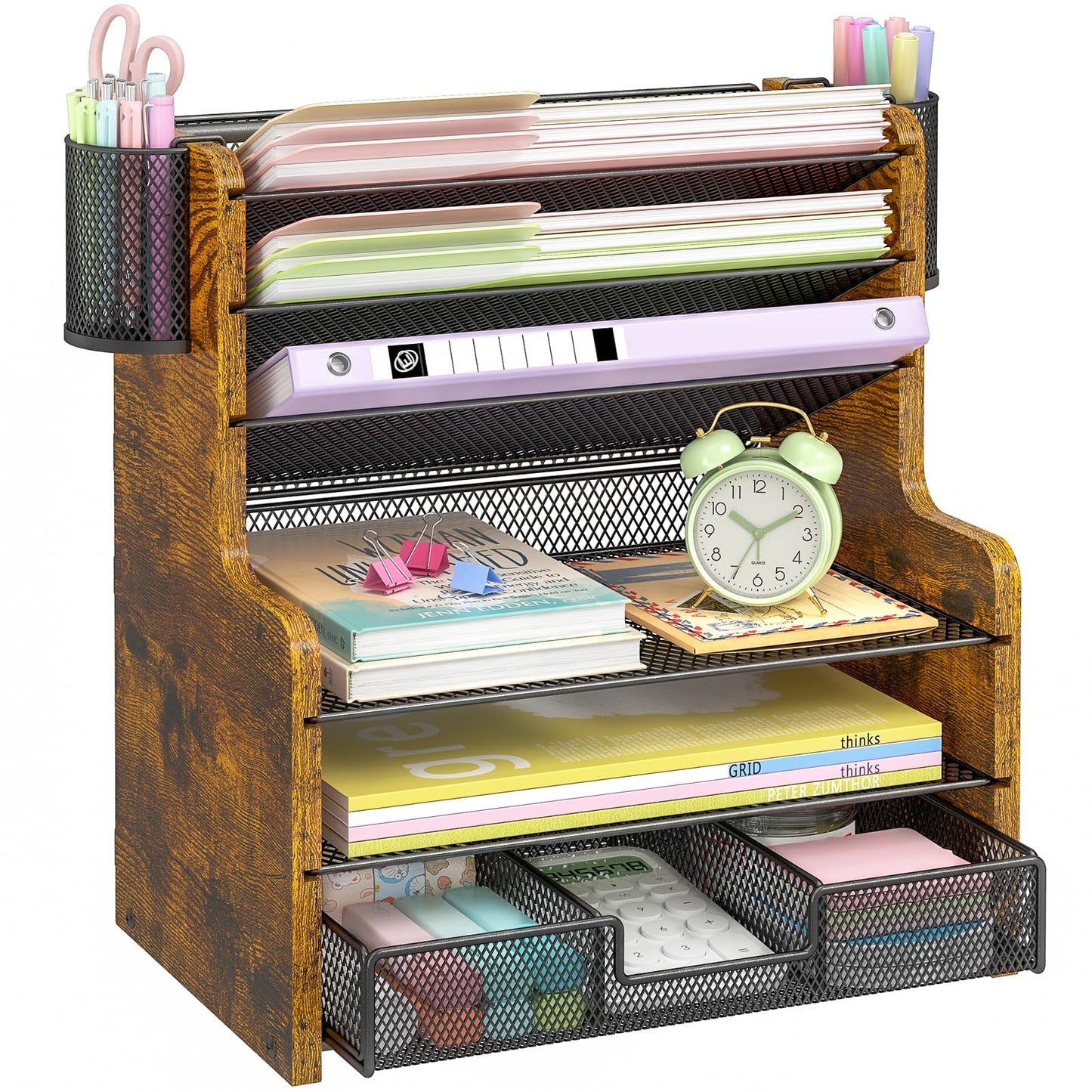DAOUTIME 6-Tier Mesh Desk Organizer with Drawer, Wooden Office Organizer for Papers, Folders &