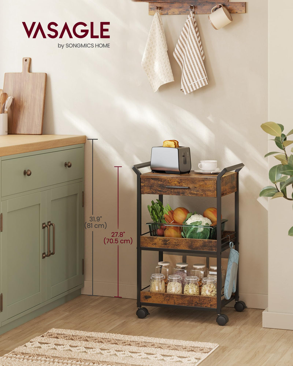 VASAGLE Storage Cart, 3-Tier Rolling Utility Cart with Table Top