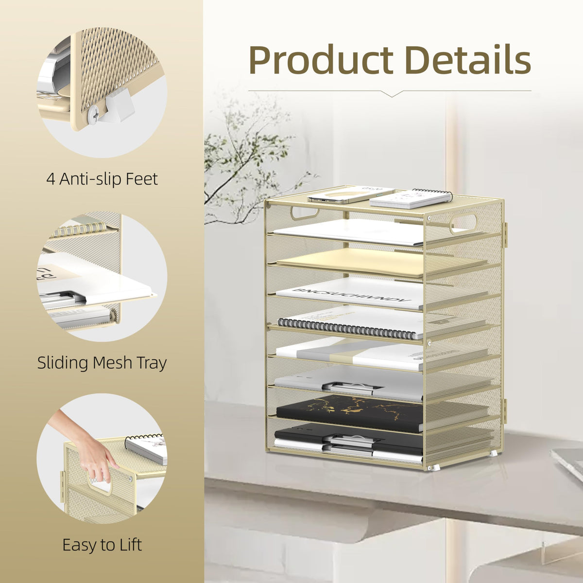 9-Tier Paper Organizer for Desk, Letter Tray with Handles, Golden Yellow