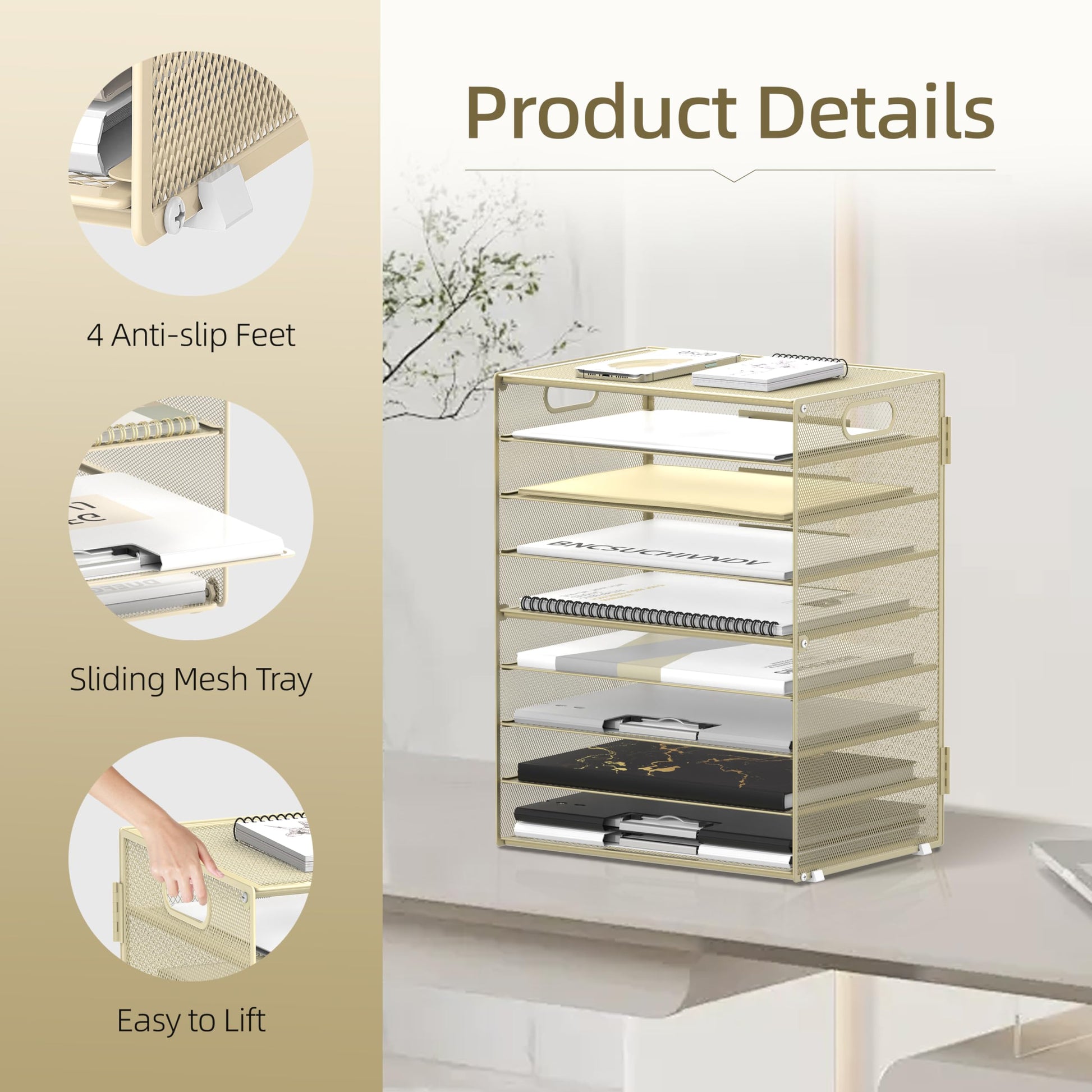 9-Tier Paper Organizer for Desk, Letter Tray with Handles, Golden Yellow