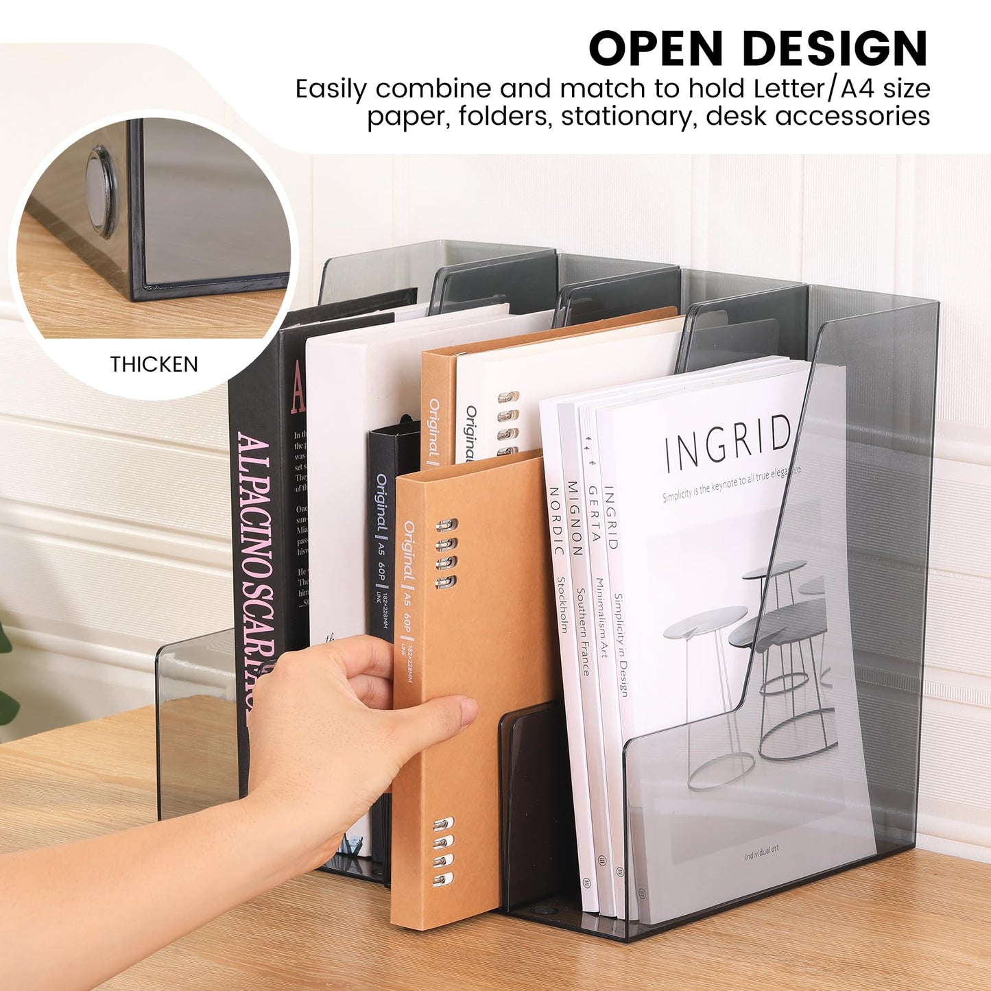 CiWiVOKi Vertical File Holder, PET Desk Organizer and Storage Bins Holding for Magazines, Binders
