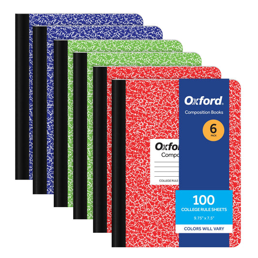 Oxford Composition Notebook 6 Pack, College Ruled Paper, 9-3/4 x 7-1/2 Inches, 100 Sheets, Assorted