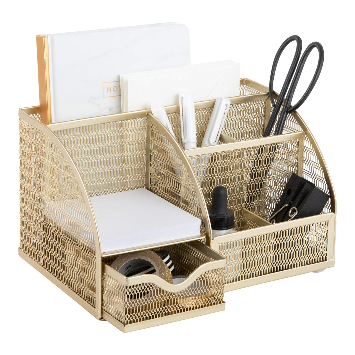 BLU MONACO | Gold Desk Organizer with Drawer | Metal Desktop Caddy with Six Compartments for Office