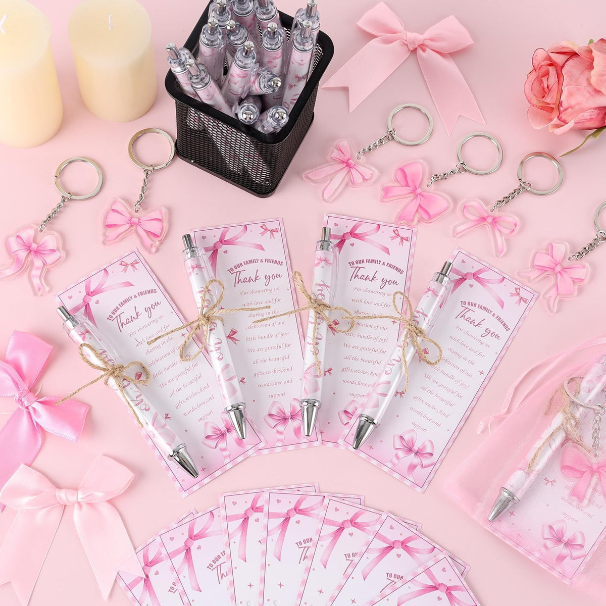 EYNDYN 145 Pieces Pink Bow Baby Shower Favors for Guest Bow Coquette Ballpoint Pens and Keychains