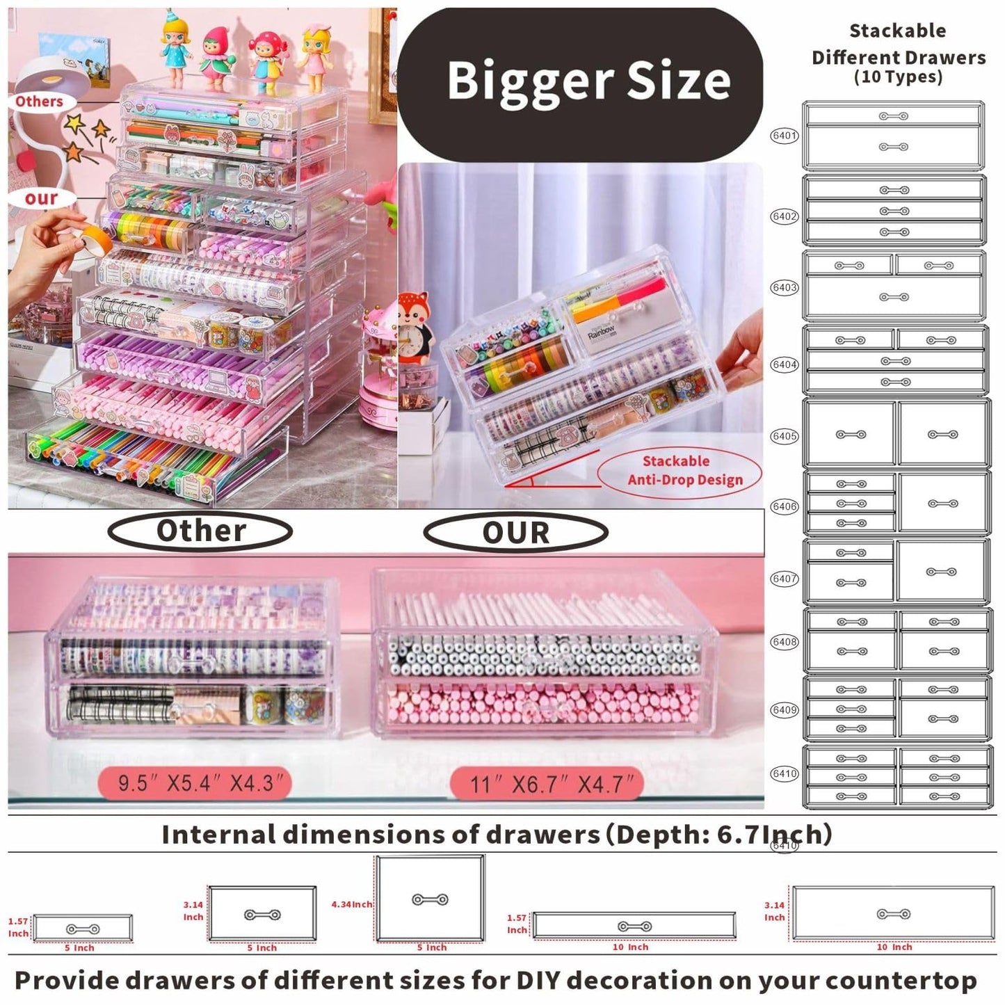 Cq acrylic Clear Stackable Storage Bins,Plastic Storage Organizer and Small Drawer Organizer With 4