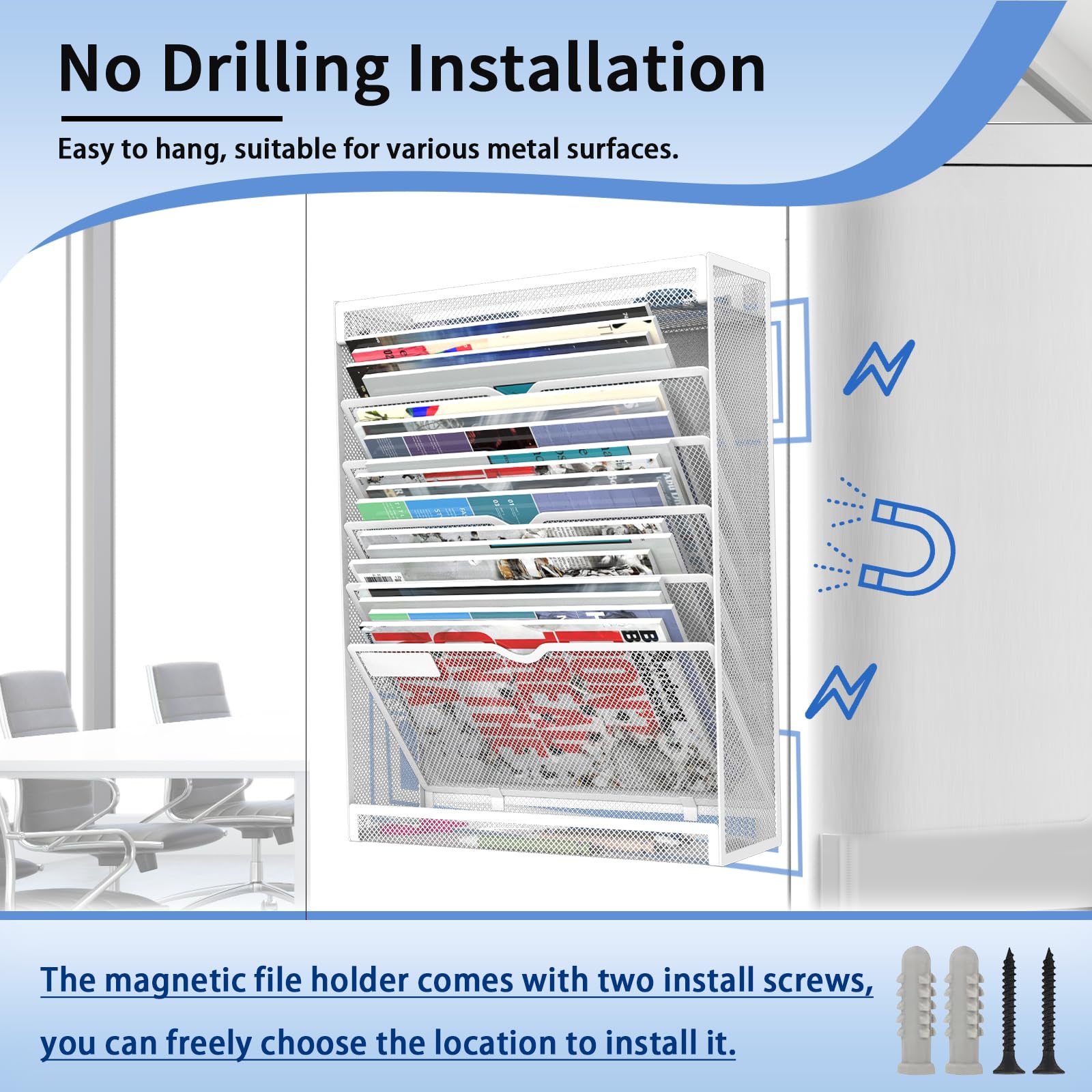 LQPAFZ 7 Tier Magnetic File Holder, No Drilling Wall File Organizer for File Cabinets Whiteboard