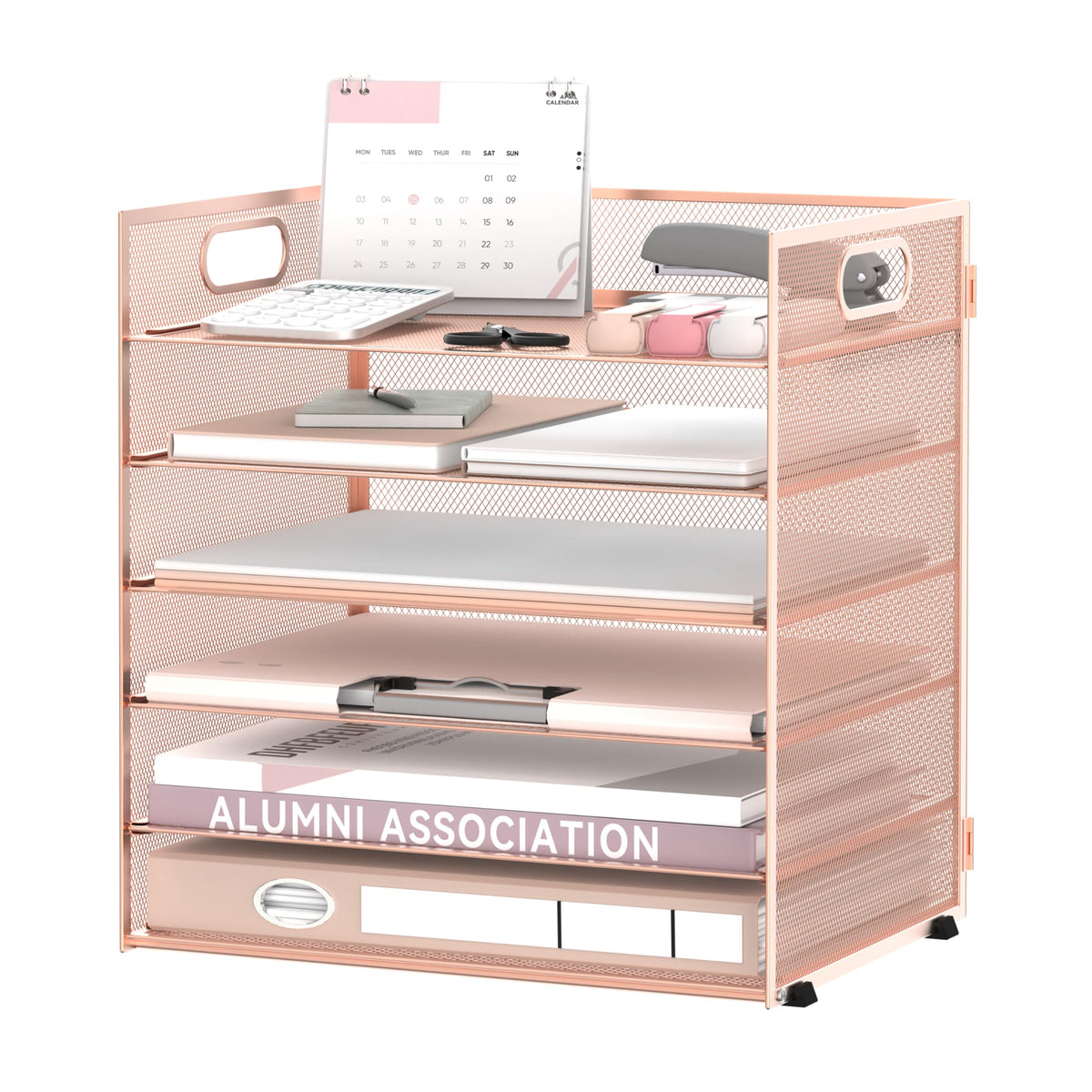Daltack 6-Tier Paper Organizer for Desk with Handle, Rose Gold