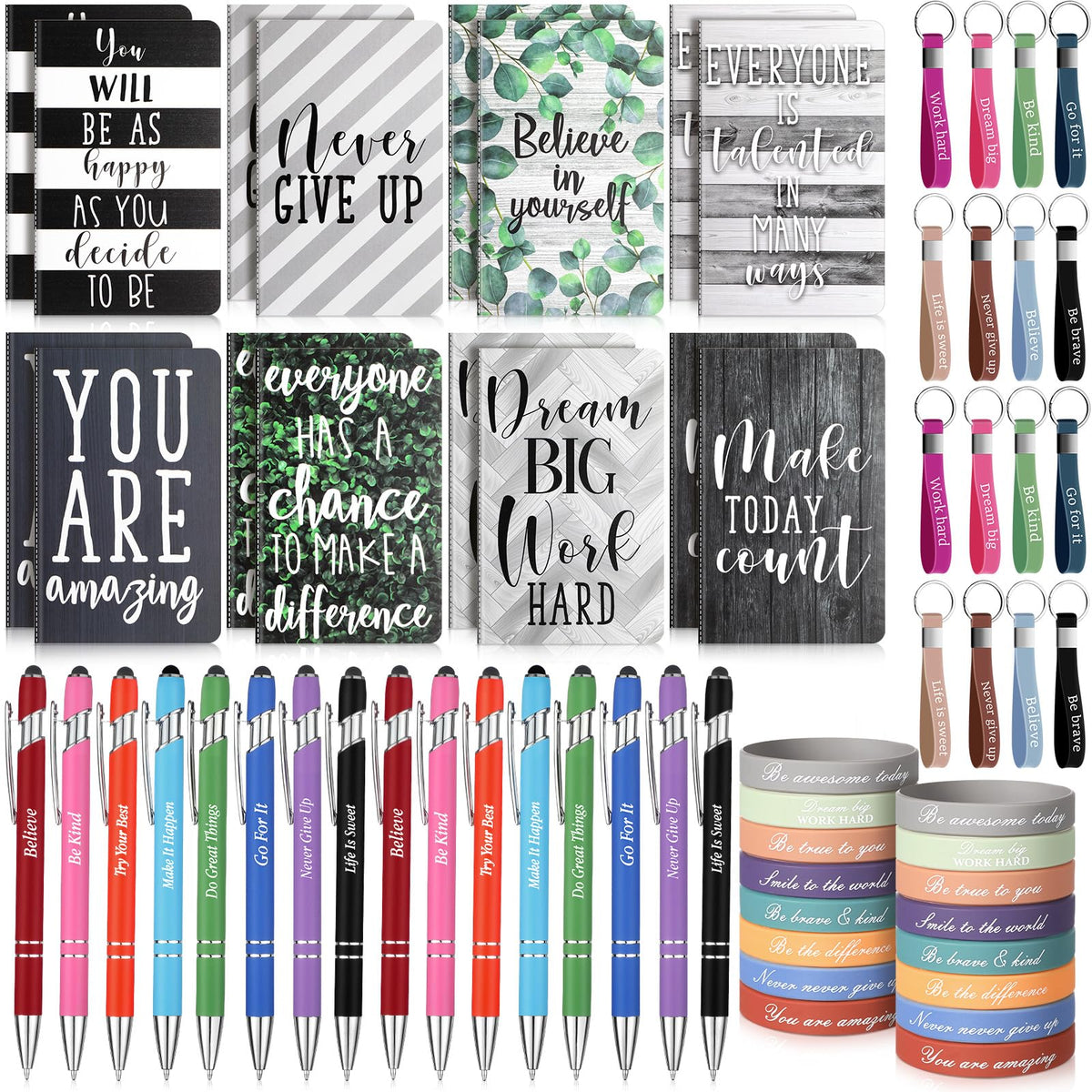 PerKoop 64 Pcs Inspirational Gift Bulk Notebooks Ballpoint Pen, Greenery