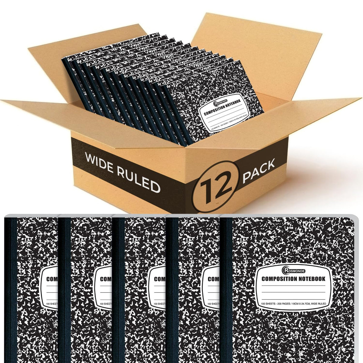 Rosmonde 12 Pack Composition Notebook Wide Ruled Bulk, Bulk School Notebook