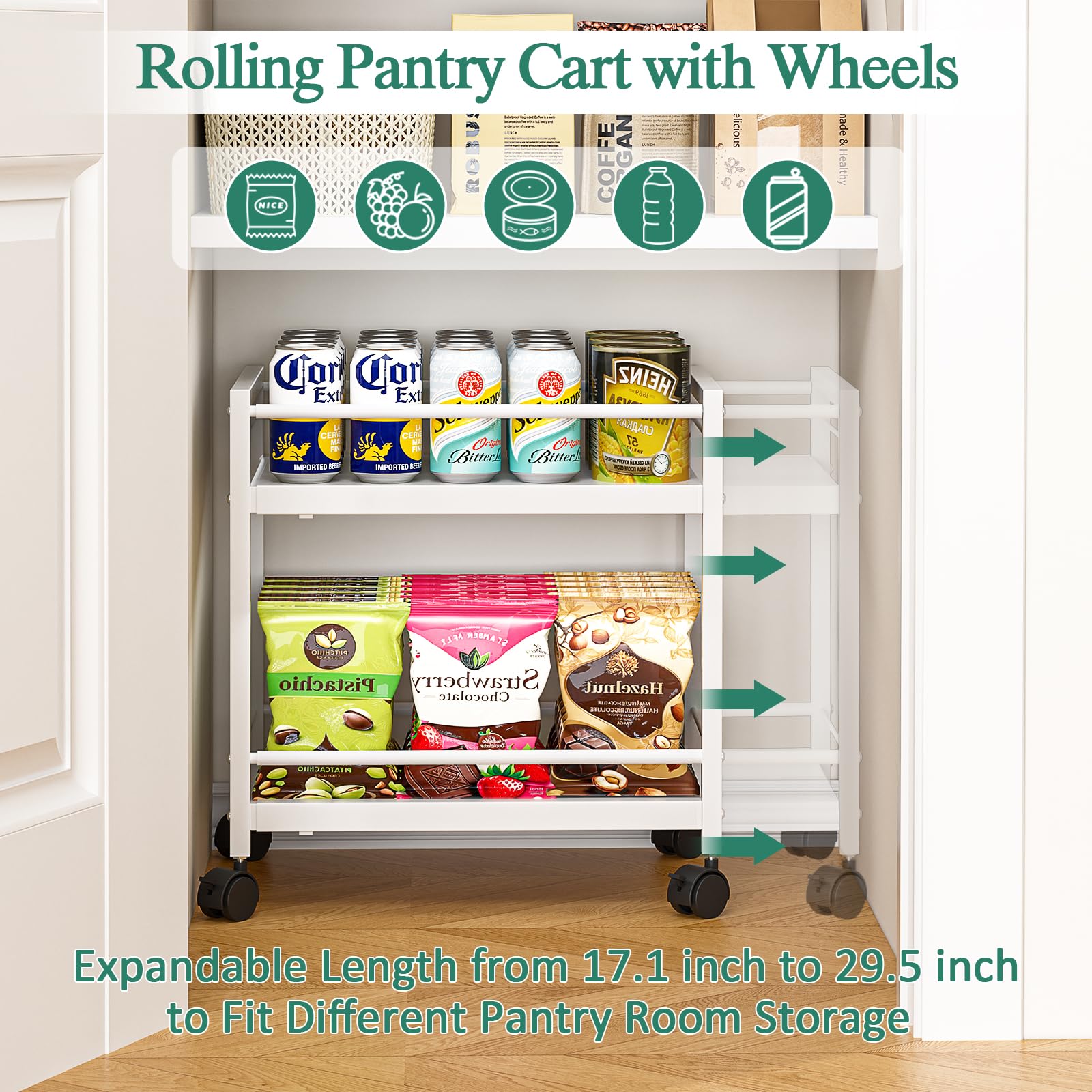 2-Tier Expandable Rolling Pantry Cart with Wheels, Adjustable Floor Organizer for Kitchen Pantry