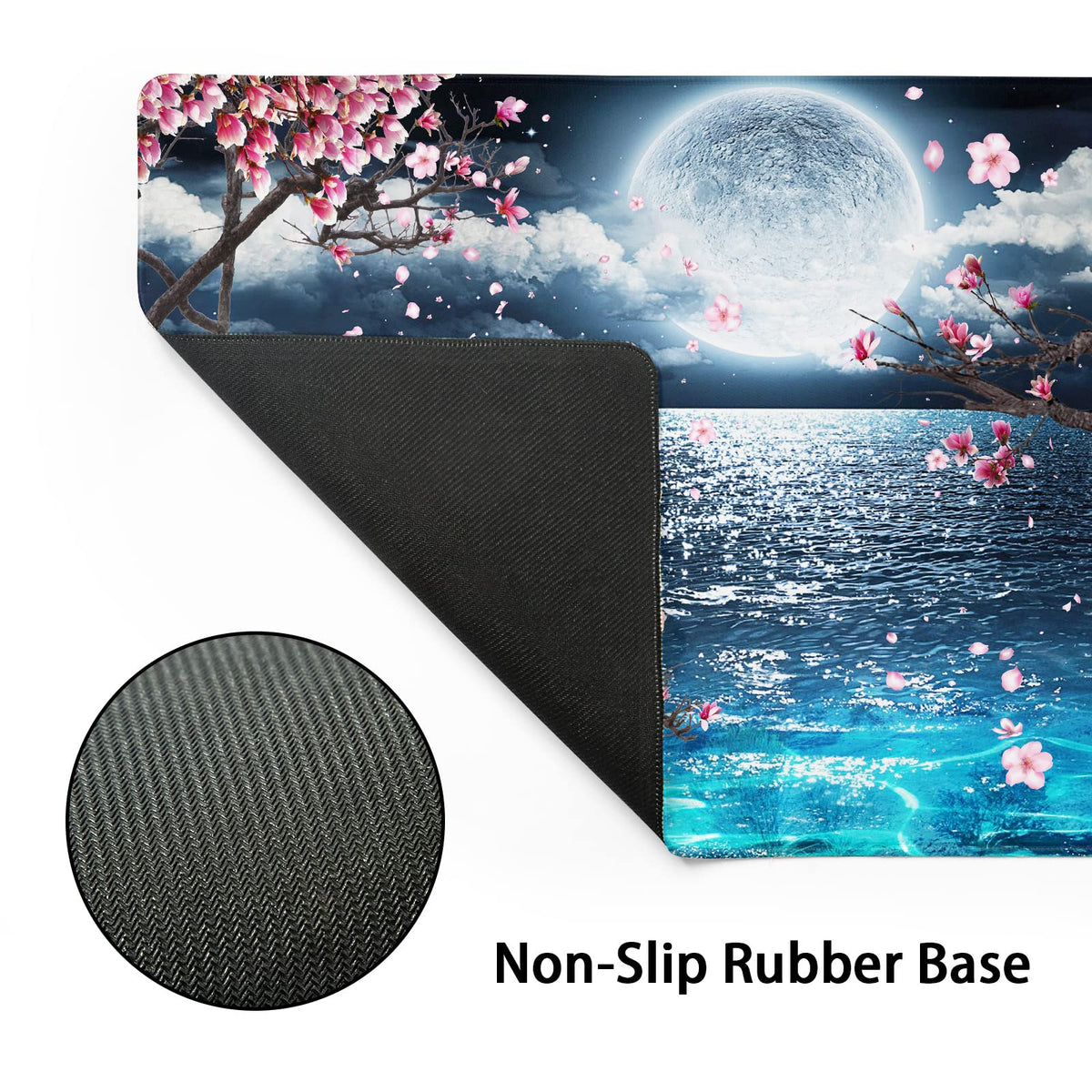 Pink Cherry Blossom Gaming Mouse Pad XXL Sakura Tree Blue Ocean Moon Night Extended Big Large Desk