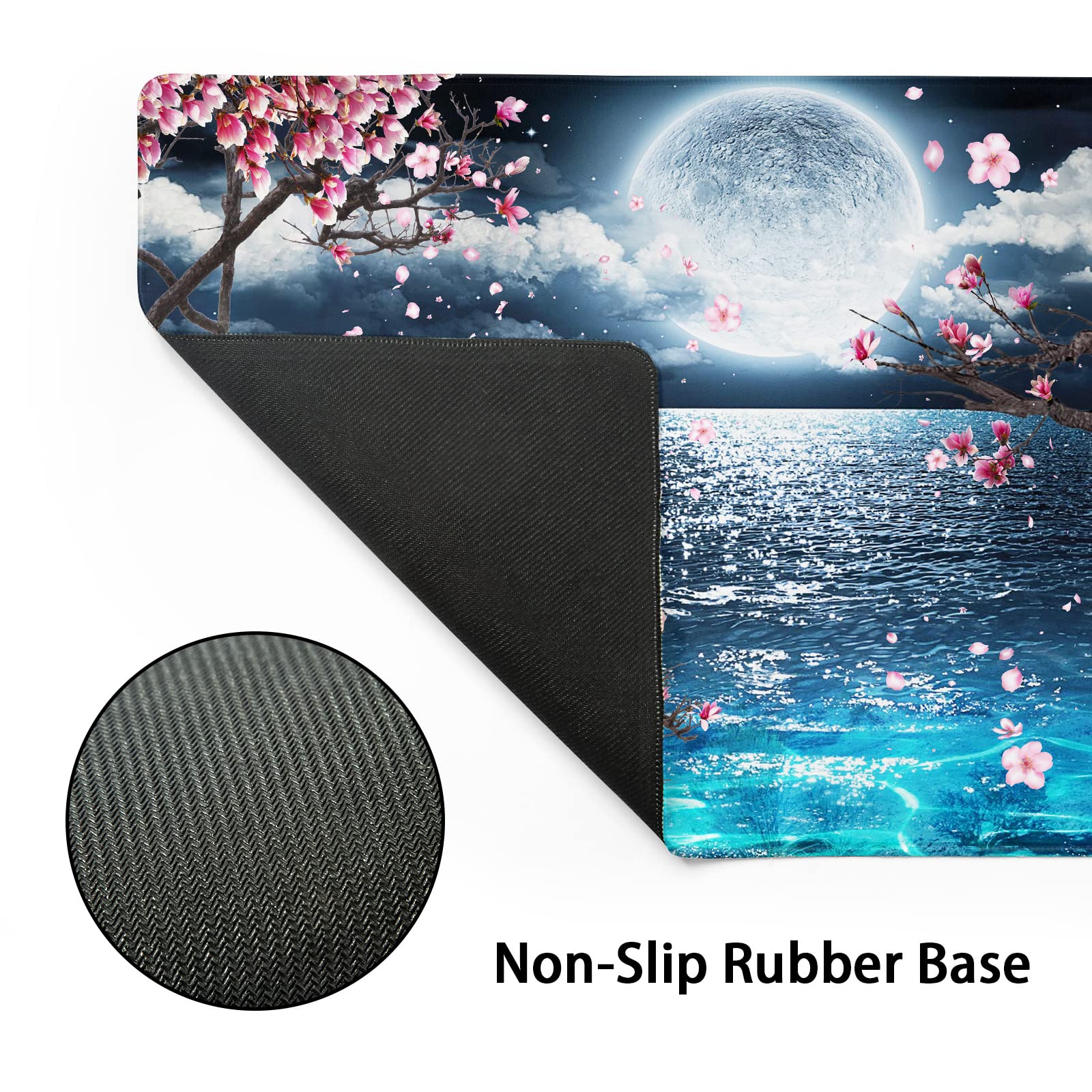 Pink Cherry Blossom Gaming Mouse Pad XL Sakura Tree Blue Ocean Moon Night Extended Big Large Desk