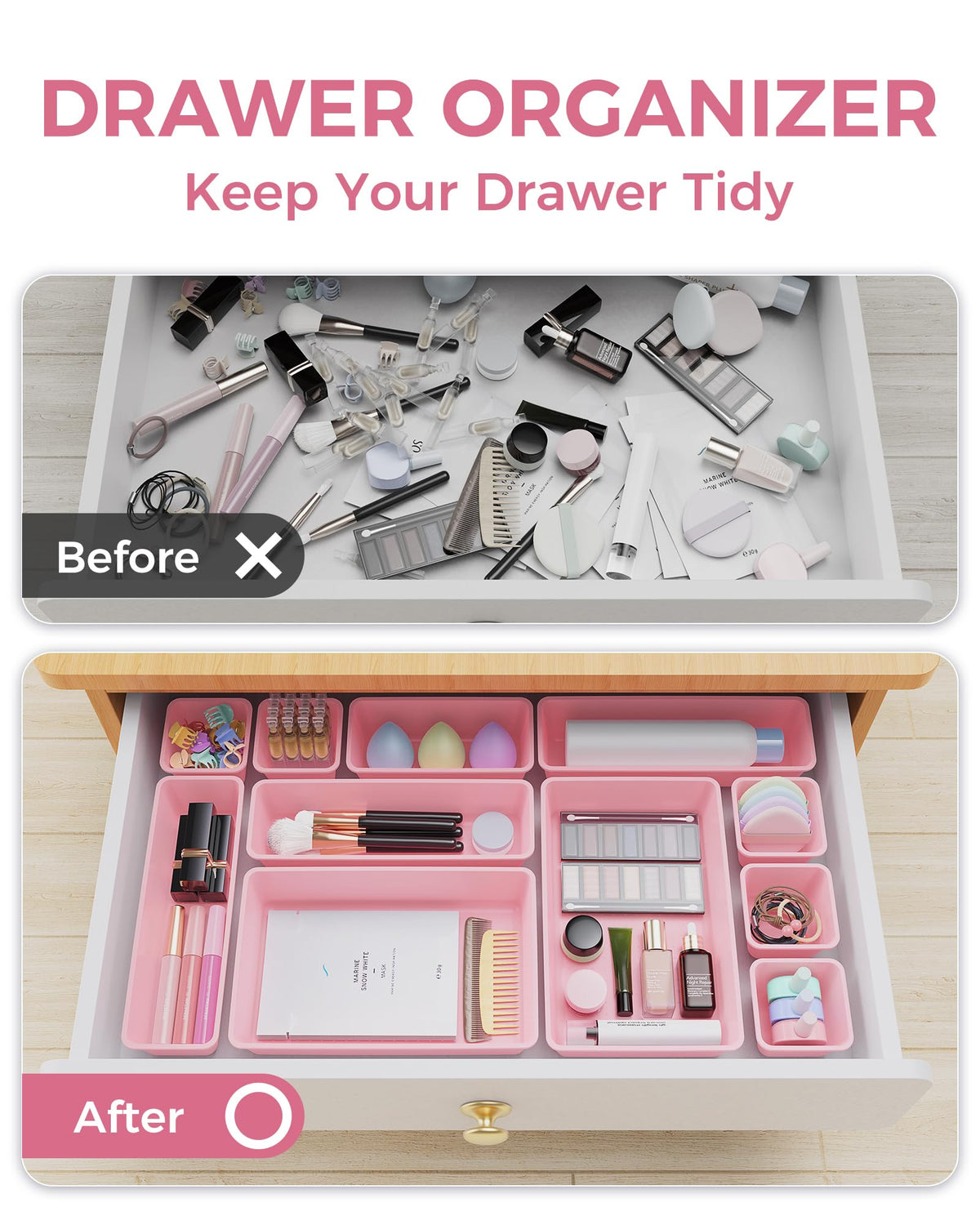 BiuLeon 25 PCS Plastic Drawer Organizers Set, 4-Sizes Vanity and Makeup Organizer, Desk and