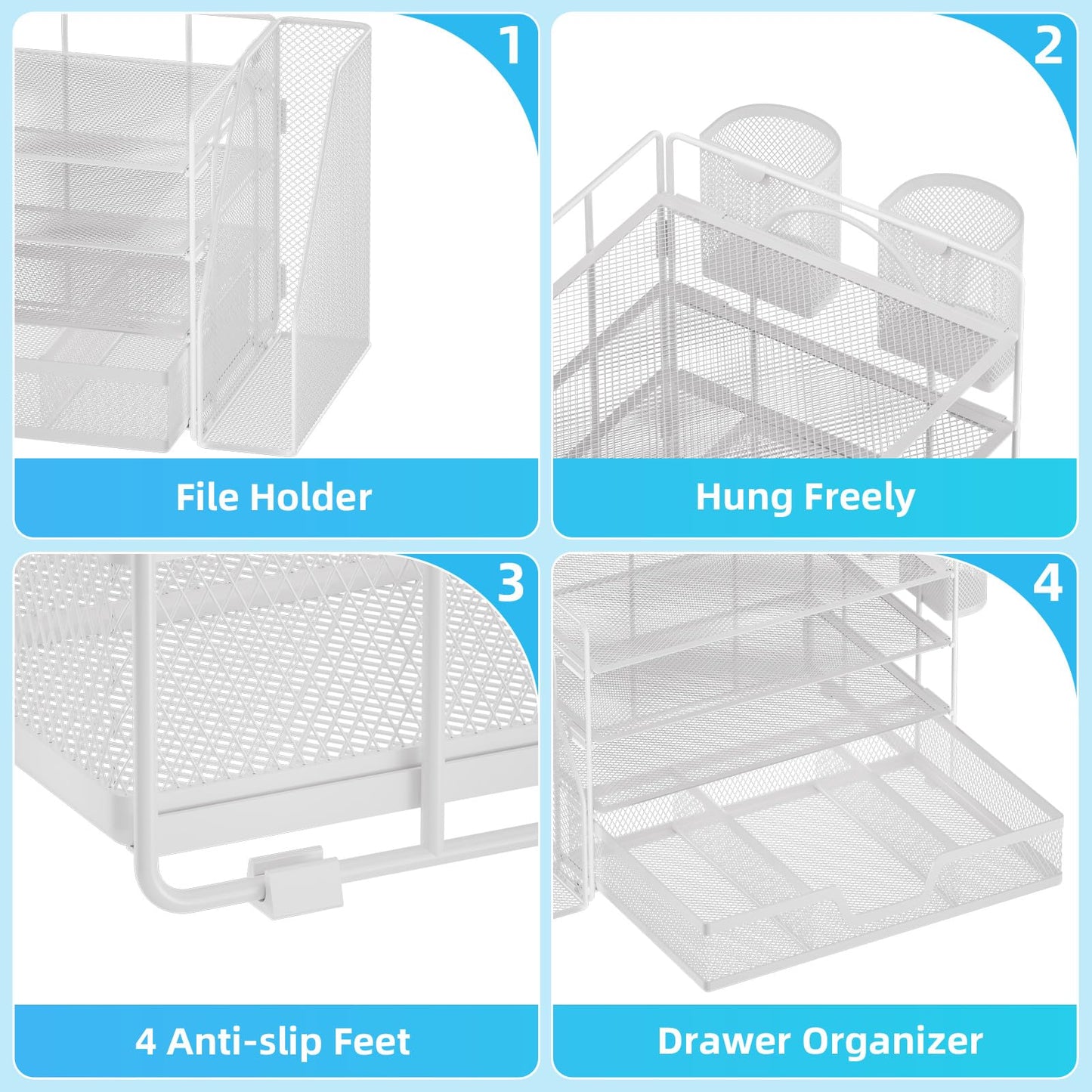 Marbrasse 4-Tier Paper Tray Organizer with Drawer and Pen Holder, White