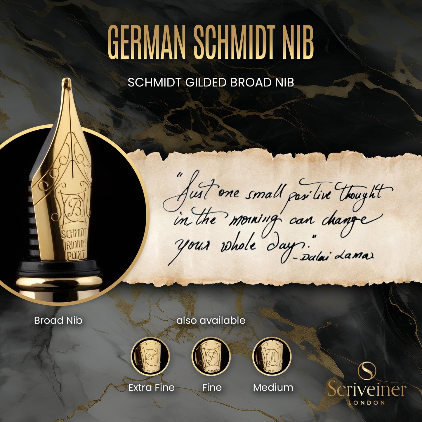 Scriveiner Luxury Fountain Pen - Stunning Black Lacquer Pen, Real Gold Finish, Schmidt Gilded Nib