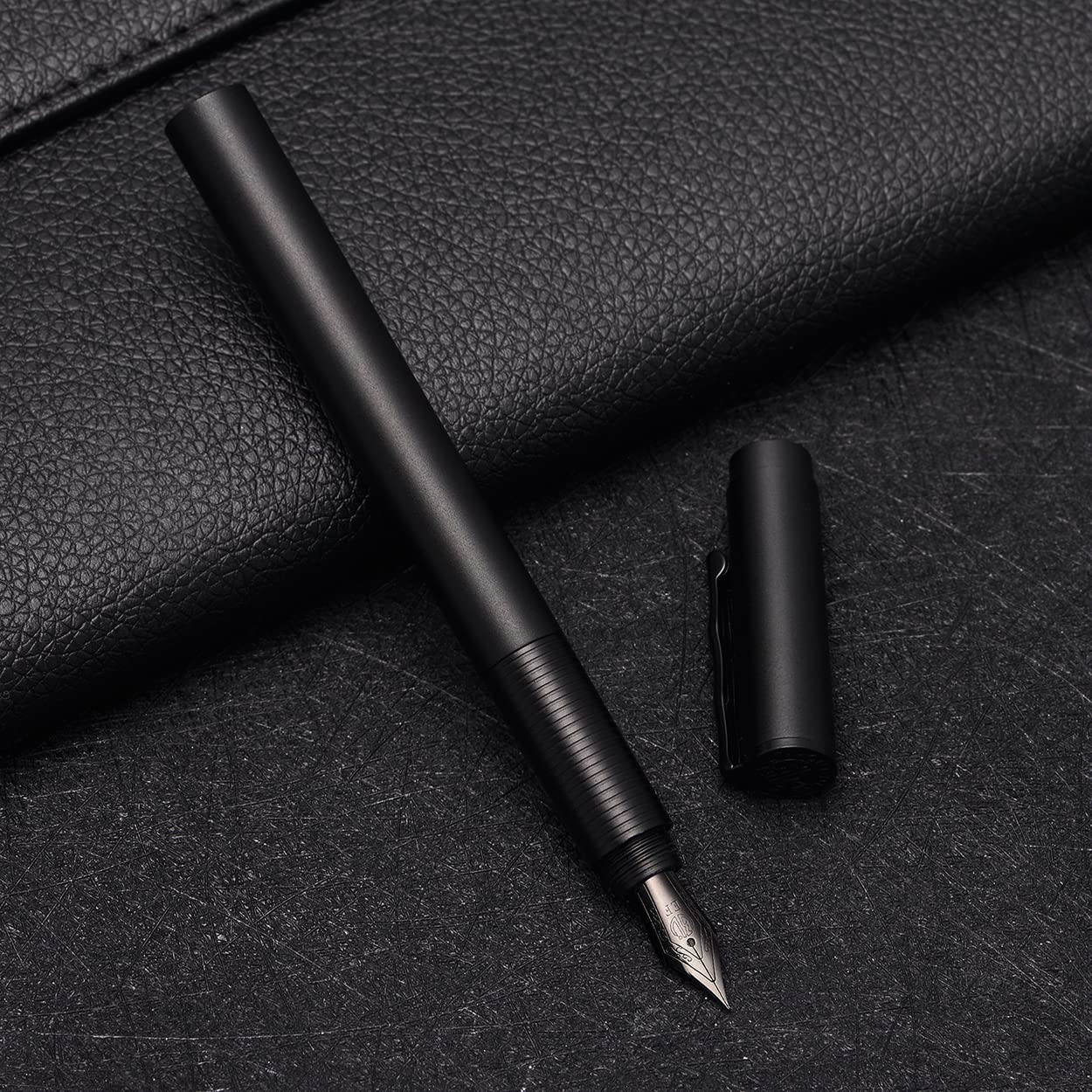 Hongdian H3 Fountain Pen Titanium Black Fine Nib with Bamboo Pen Clip, Black Aluminum Alloy Writing