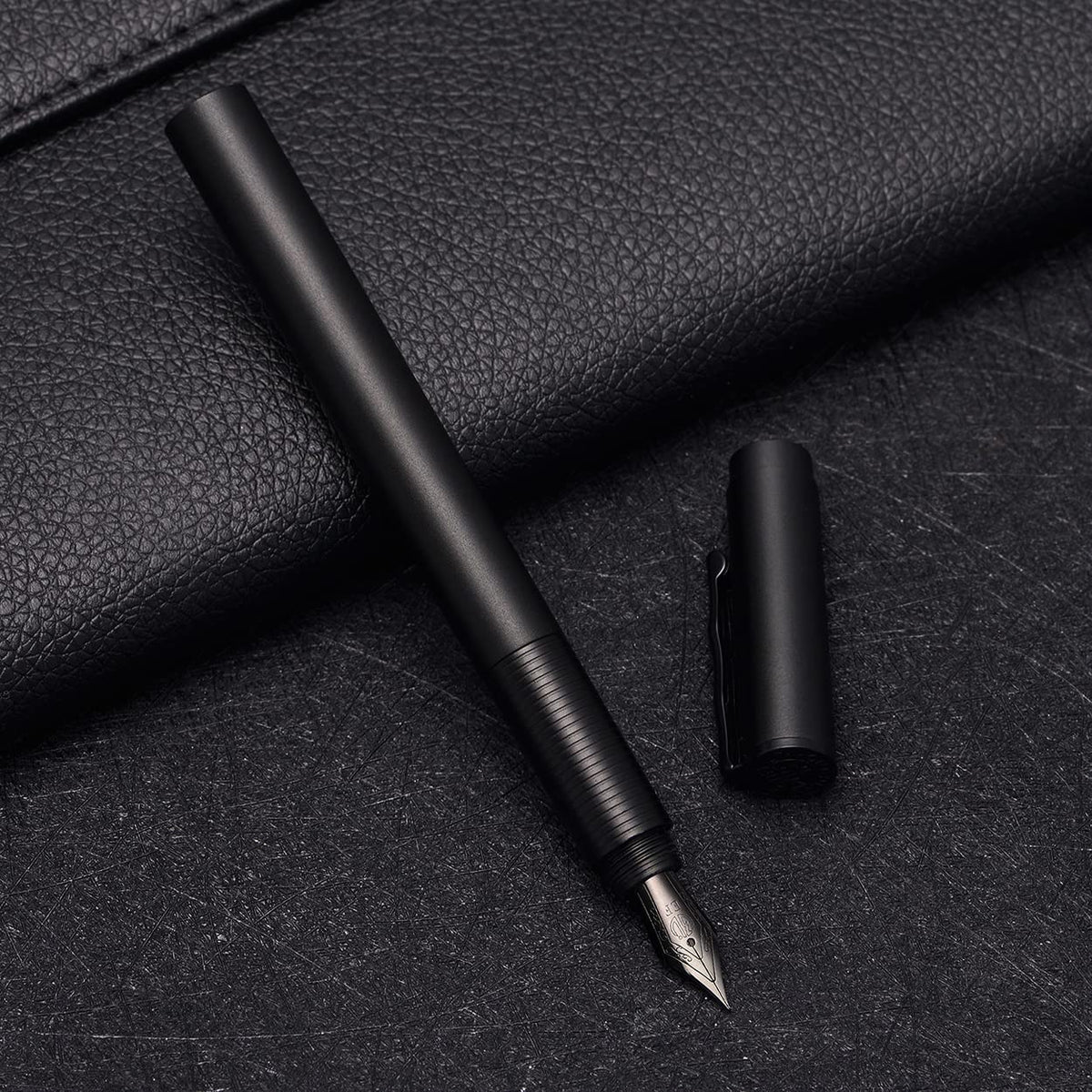 Hongdian H3 Fountain Pen Titanium Black EF Nib with Bamboo Pen Clip, Black Aluminum Alloy Writing