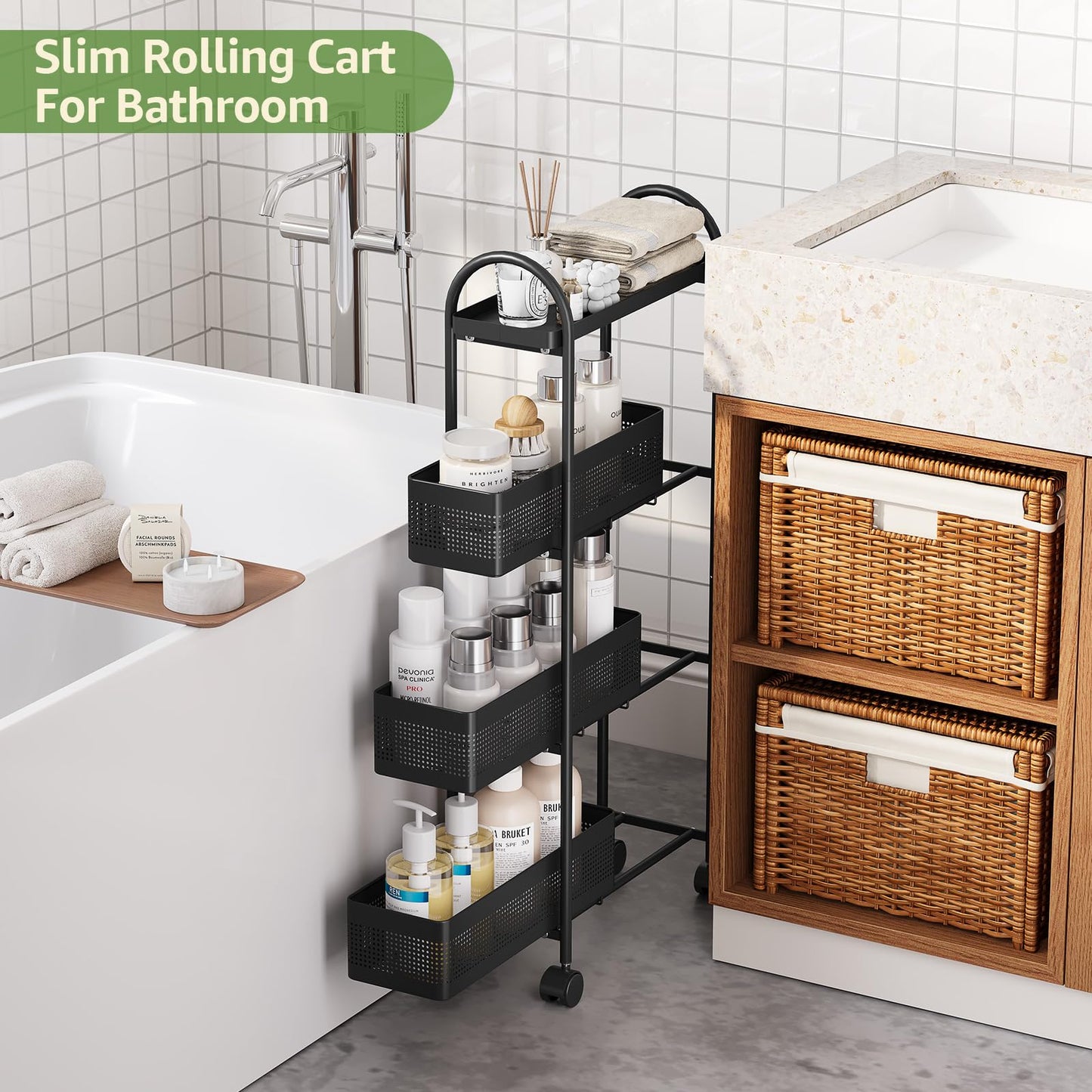 KINGRACK 4 Tier Slim Rolling Cart with Drawer, Metal Utility Storage Cart