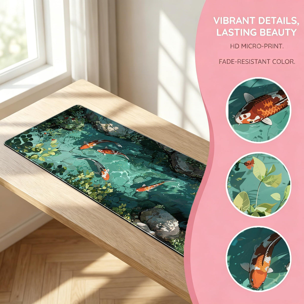 Mouse Pad Featuring Abstract Art of Koi, Ponds, and Fish, Large-Sized for Gaming, Suitable for