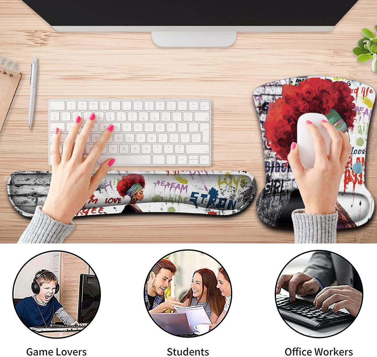Ergonomic Mouse Pad Wrist Support Gel and Keyboard Wrist Rest Set African Graffiti Girls with Red