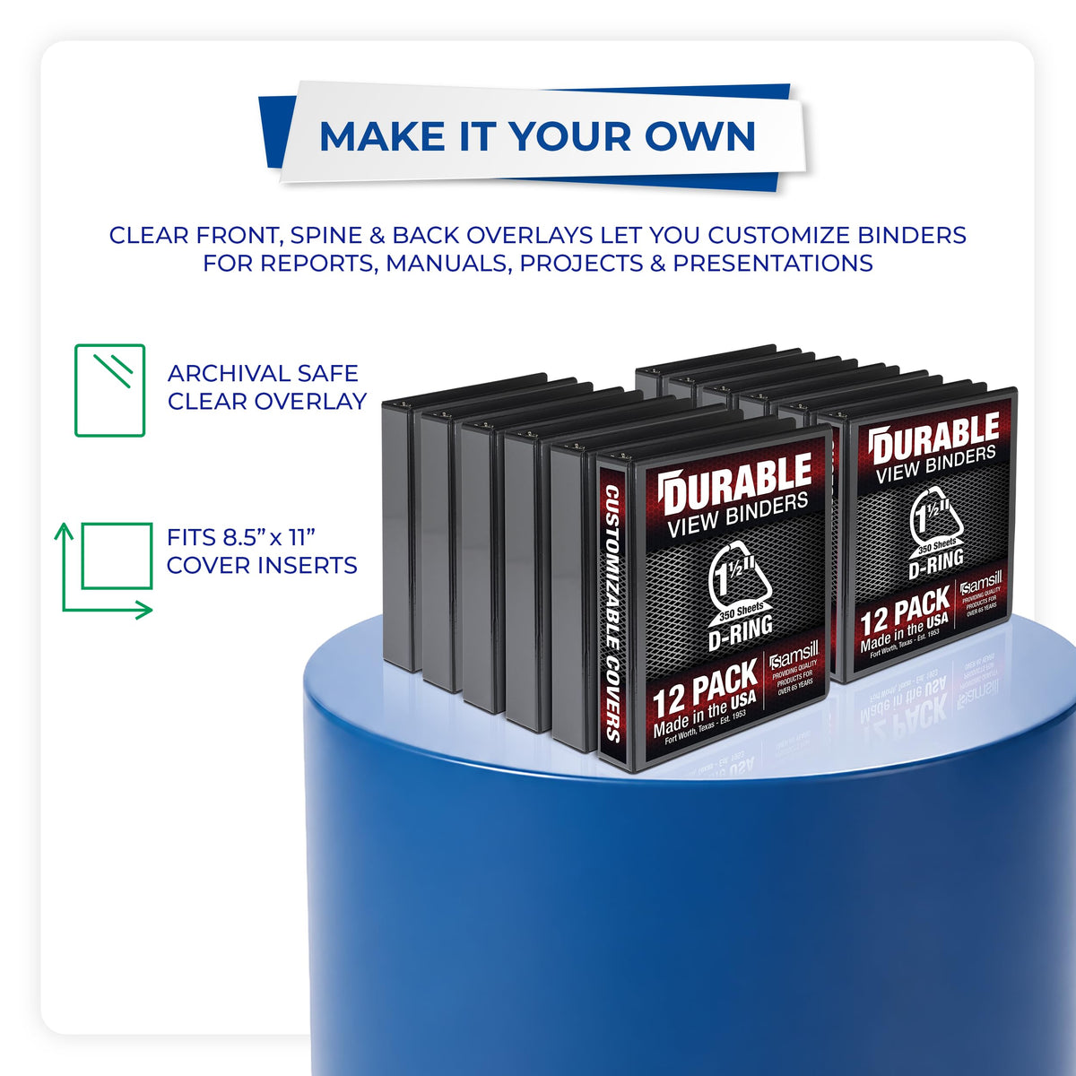 Samsill Durable 1.5 inch 3 Ring Binder, D Ring Binder, 100% Recycled Chipboard, Black, 12 Pack