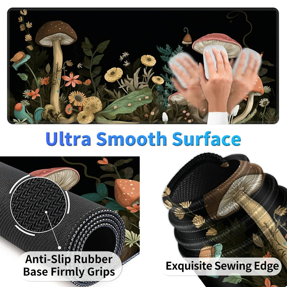 BPQOJB Laptop Mouse Pad 27.5 x 11.8 inch & Small Wrist Rests with Coasters and Mushroom and Flower