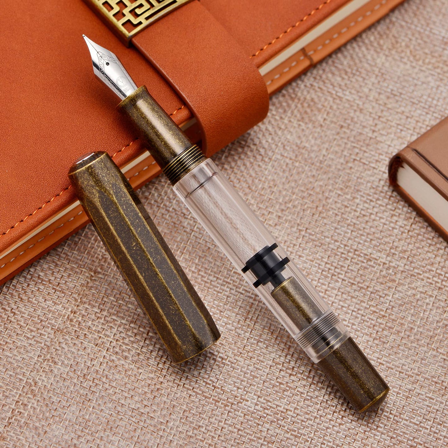 Majohn T1 Piston Fountain Pen Fine, Vintage Brass Transparent Acrylic Large Ink Capacity Writing