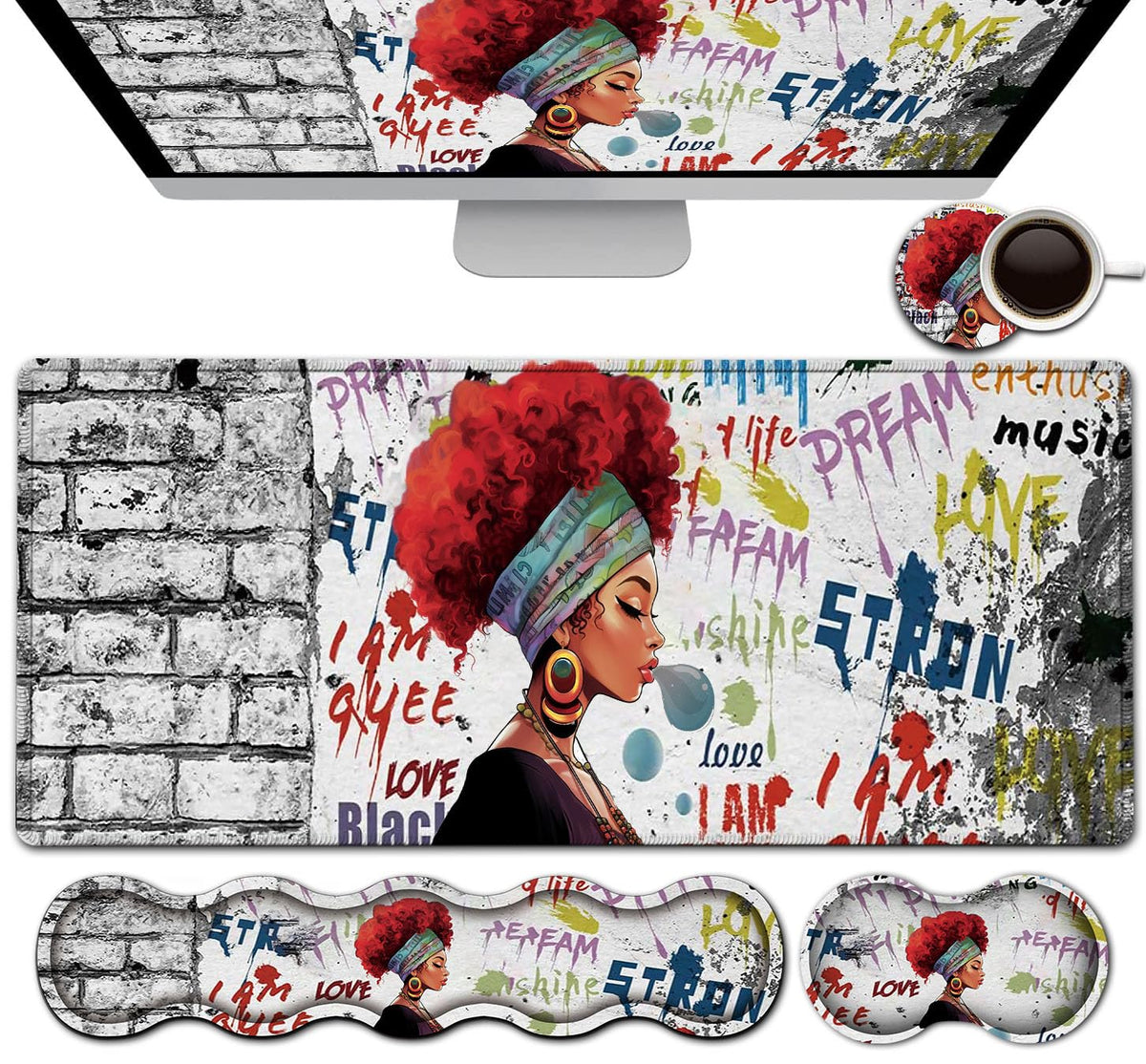 African Black Woman Graffiti Girls Desk Mat, Extended White Laptop Table Protector, Ergonomic Mouse