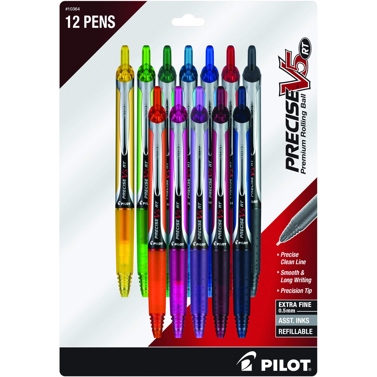 PILOT Precise V5 RT Rolling Ball Pens, 0.5 mm, Assorted, Pack of 12