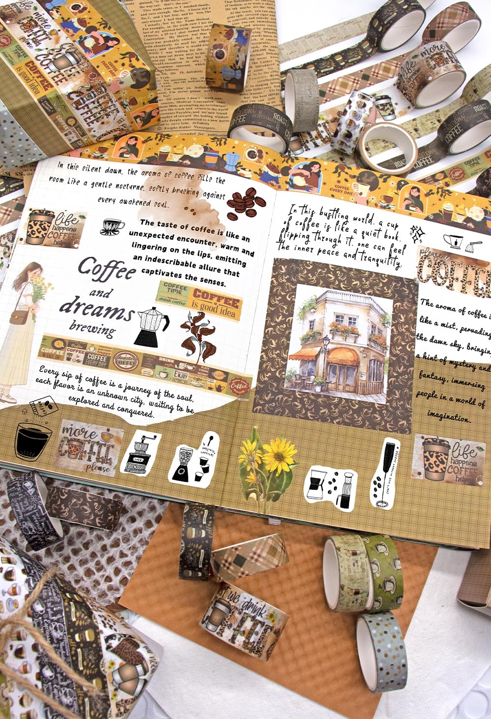 KOVANO Coffee Themed Washi Tape Set, 14 Rolls Vintage Crafts Tape, Art Decorative Tape for