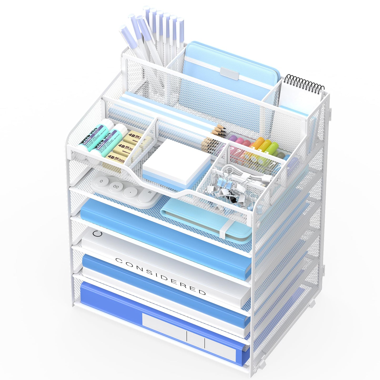 OrgMate 6 Tier Mesh Paper Desk Organizer with Pen Holders, White