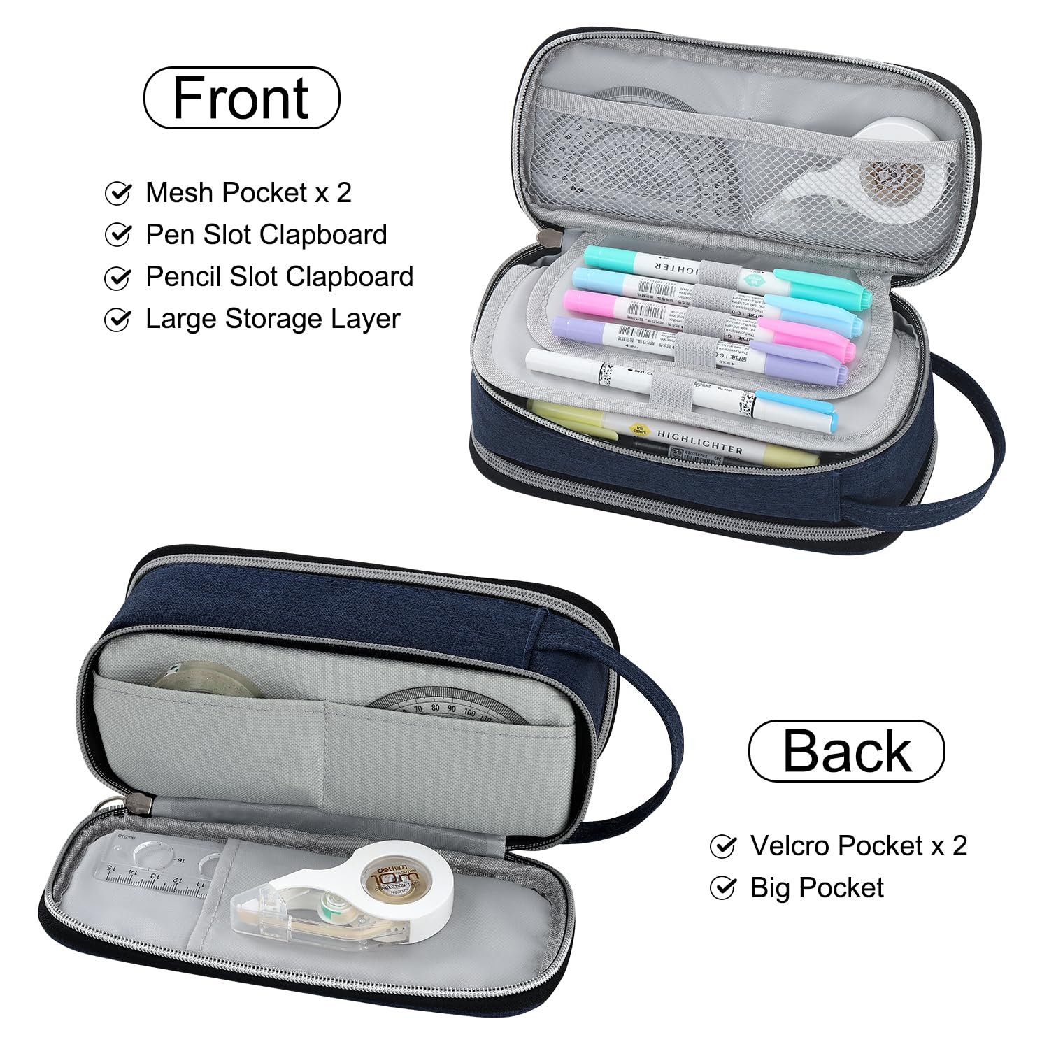 Large Pencil Case for Boys Teens Kids Organizer Zipper Pencil Pouch Blue