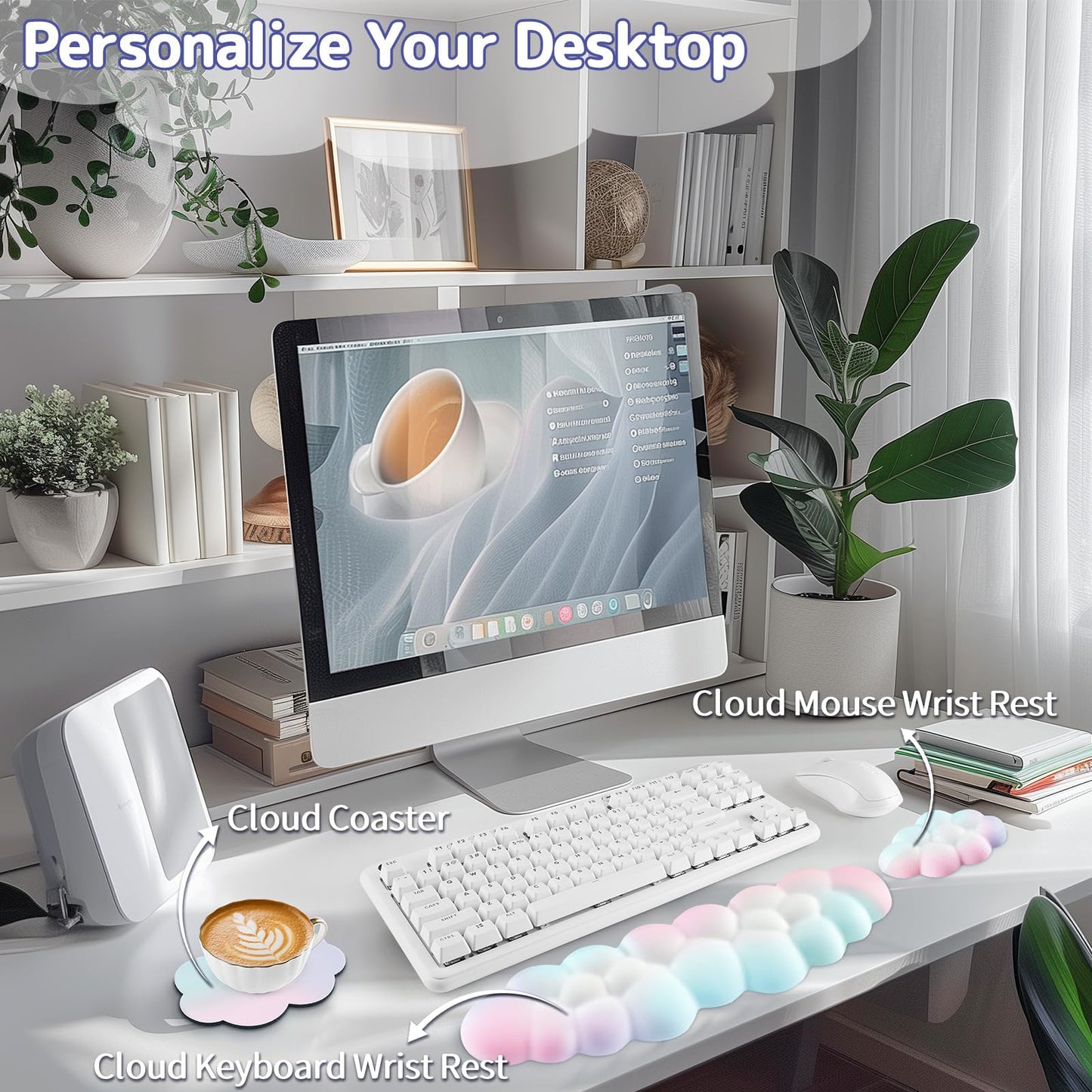 Sushret Cloud Wrist Rest Keyboard, Cloud Keyboard Wrist Pad Set with PU Leather Memory Foam, Cute
